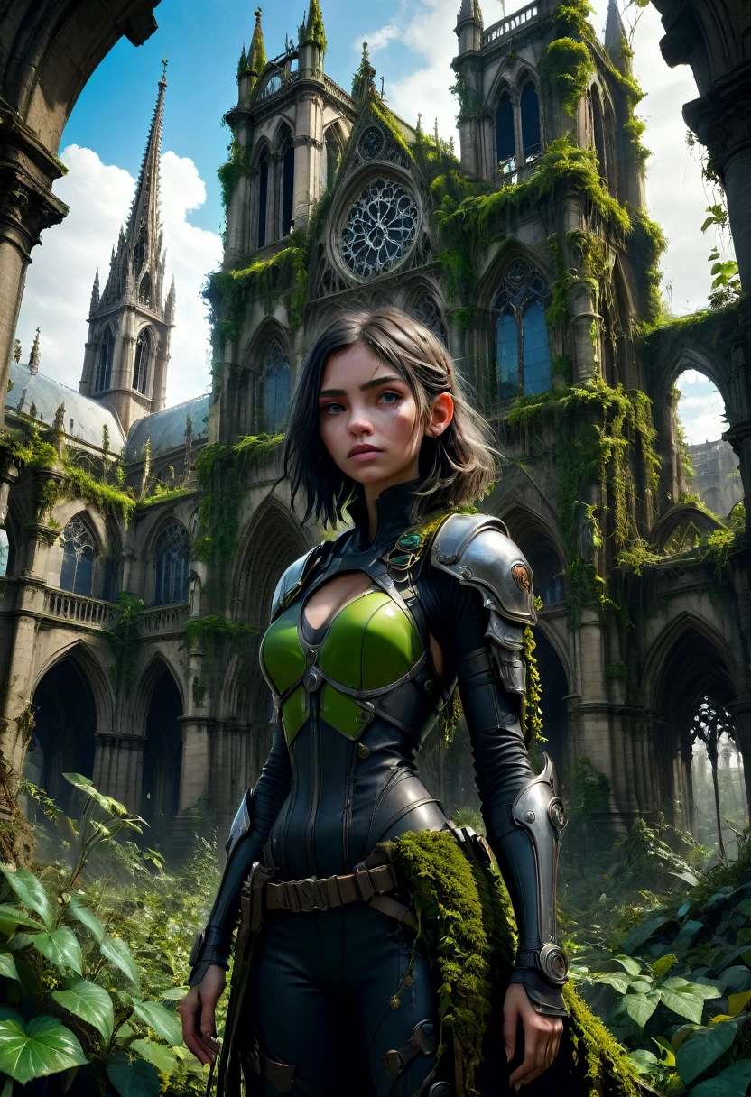 1girl, Post-Apocalyptic Wasteland, Overgrown Cathedrale Notre-Dame-de-Paris covered in vines  and moss Ruins in Luxuriant Jungle, post-apocalyptic epic realistic detailed matte painting, deep color, fantastical, intricate detail, splash screen, complementary colors, fantasy concept art, 8k resolution trending on Artstation Unreal Engine 5