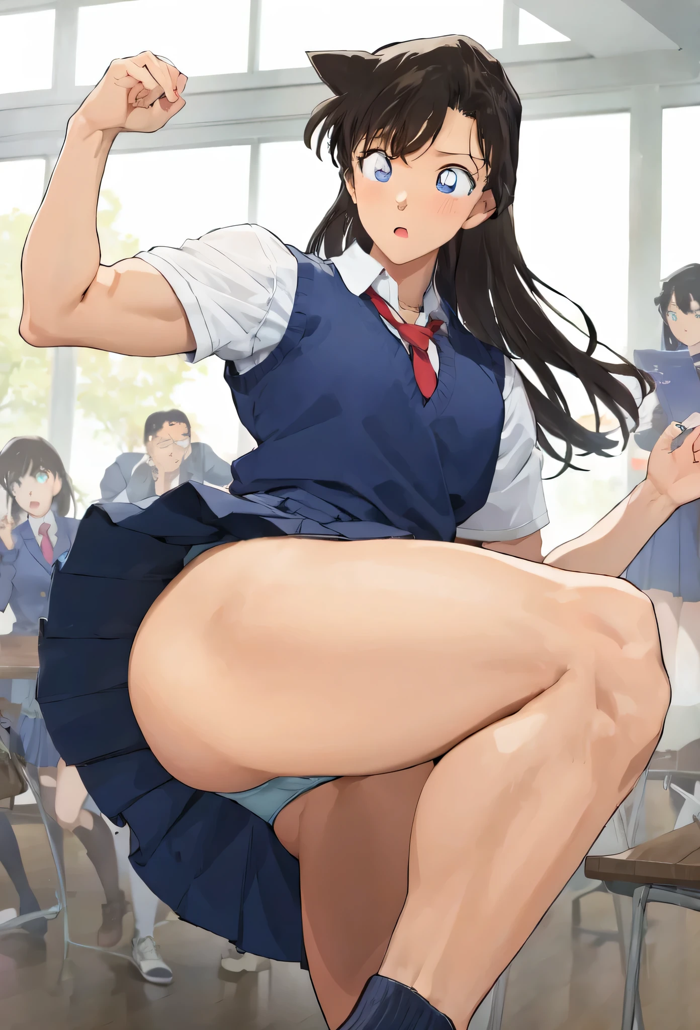 (masterpiece, best quality:1.2), 1girl, solo,girl, mouri ran,school uniform,kicking,muscular female, (alternate muscle size, blush,,muscular ,biceps,muscular thighs