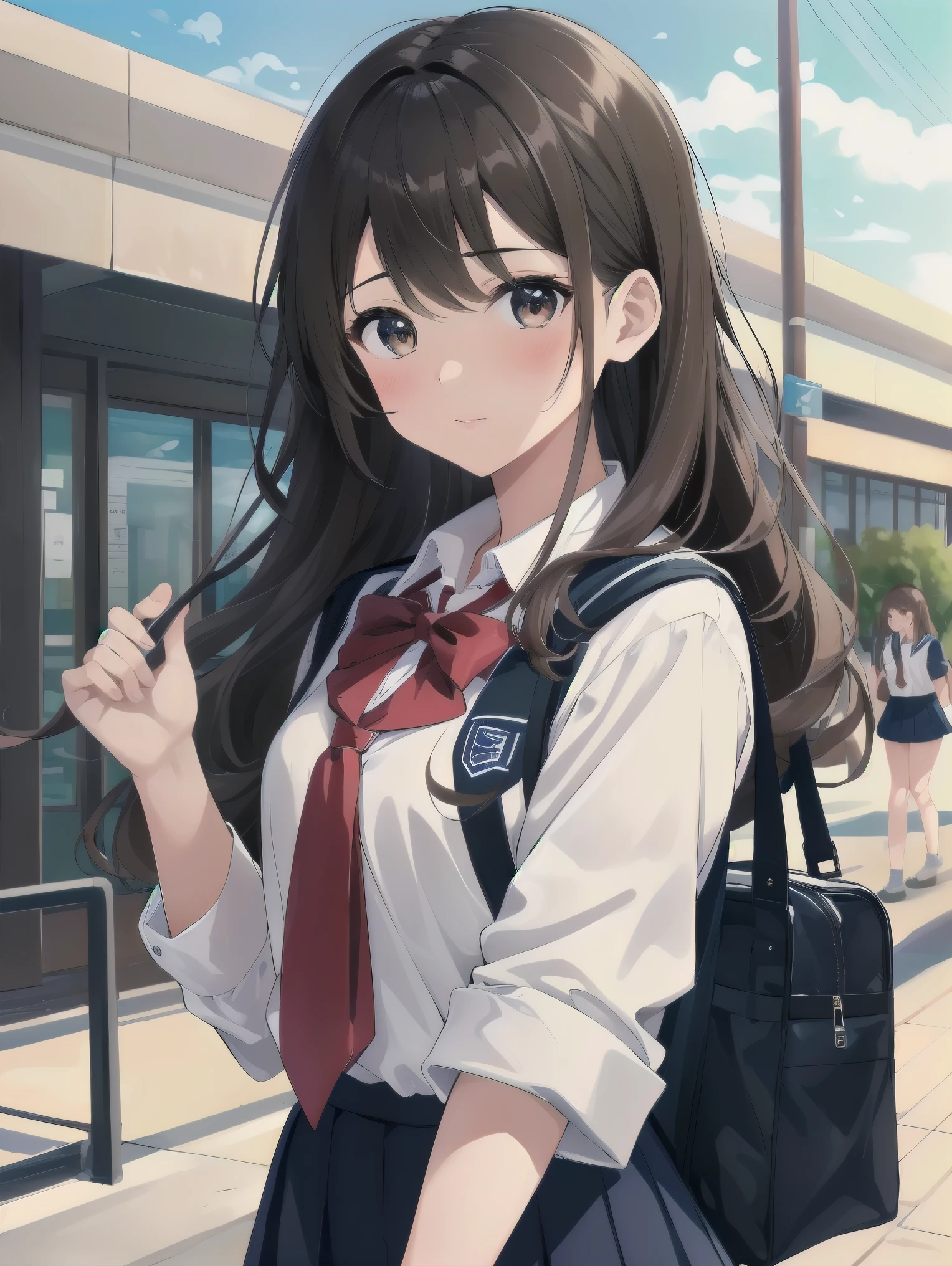 Masterpiece, top quality, super detailed, 16k,
One girl, spring, high school, warm colors, school bag, accurate and highly detailed background, flock of schoolgirls in uniforms of various body shapes and hairstyles, cute.
Blake.
A beautiful girl with wavy crimson hair. she is very well developed