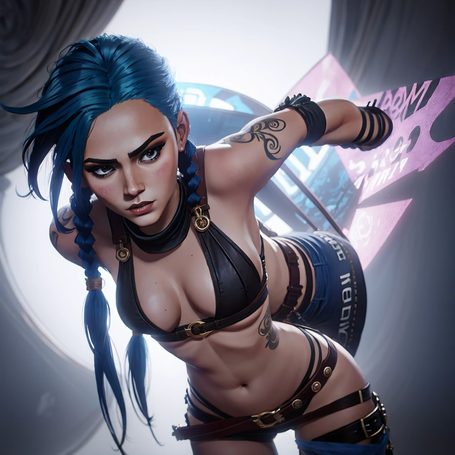 Jinx, estilo arcano, ((1girl)), asymmetrical bangs, franja azul, cabelo azul, pigtail, camisa marrom, tatuagem de nuvem, cabelo azul, jinx de cabelo longo, diafragma, olhos cor de rosa, gorgeous body, red-lips, wide hips, detailed abs, twin braids, Jinx de Arcane\(league of legends\) (arcane style), solo