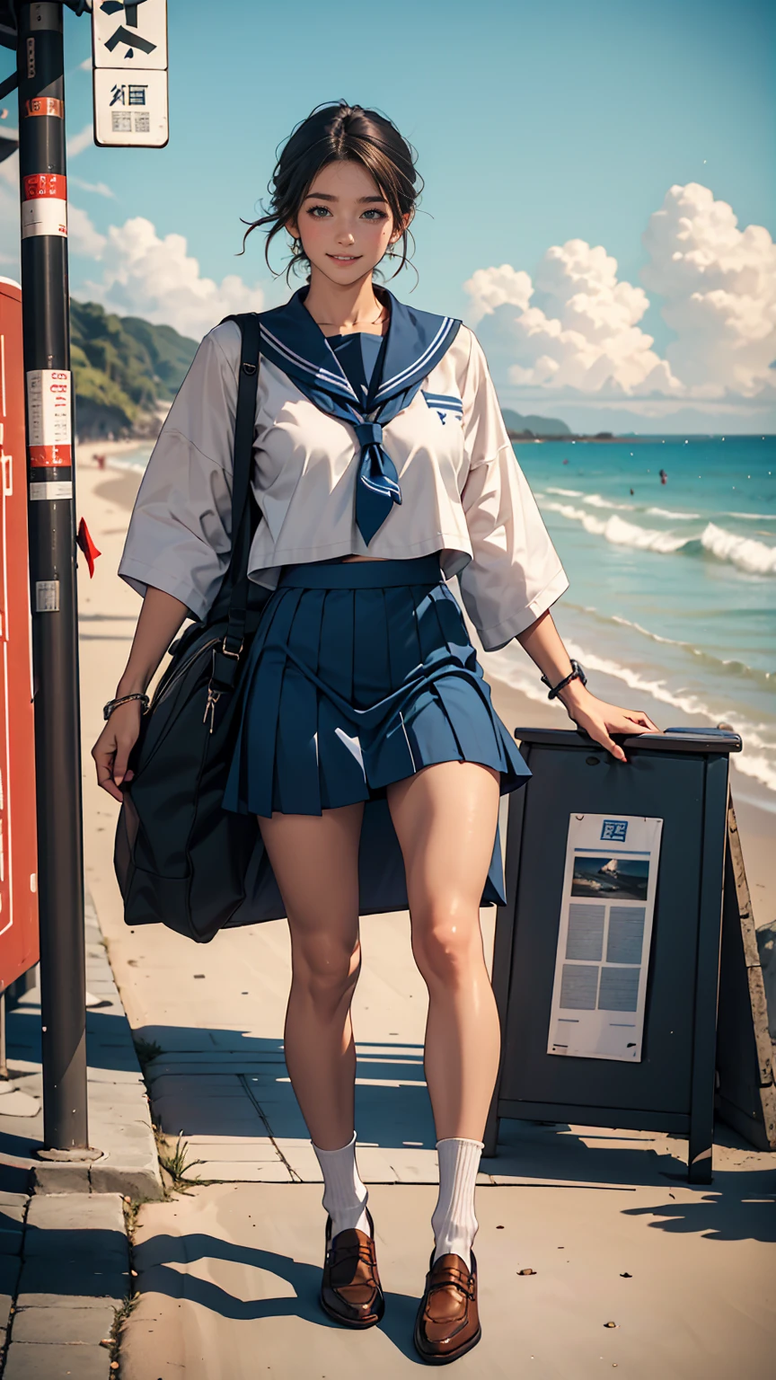 ((最high quality, 8K, masterpiece: 1.3, Ultra HD, high quality, 最high quality, High resolution, realism)) 、An extremely beautiful 18-year-old Japanese woman、hair color is black、Iriedium Hair、Straight Hair、smile、Slender but well-proportioned, slim and muscular body、An athletic physique、I want my head to stay off screen、sit on a high breakwater on the beach、The blue sky is beautiful、There is an entrance cloud、It&#39;s summer、I'm wearing a sailor suit、Wear a navy blue pleated skirt、wear loafers、There is a road in front of the breakwater、There is a sign indicating the bus stop.、The sea is beautiful、The horizon looks beautiful、An island can be seen off the coast