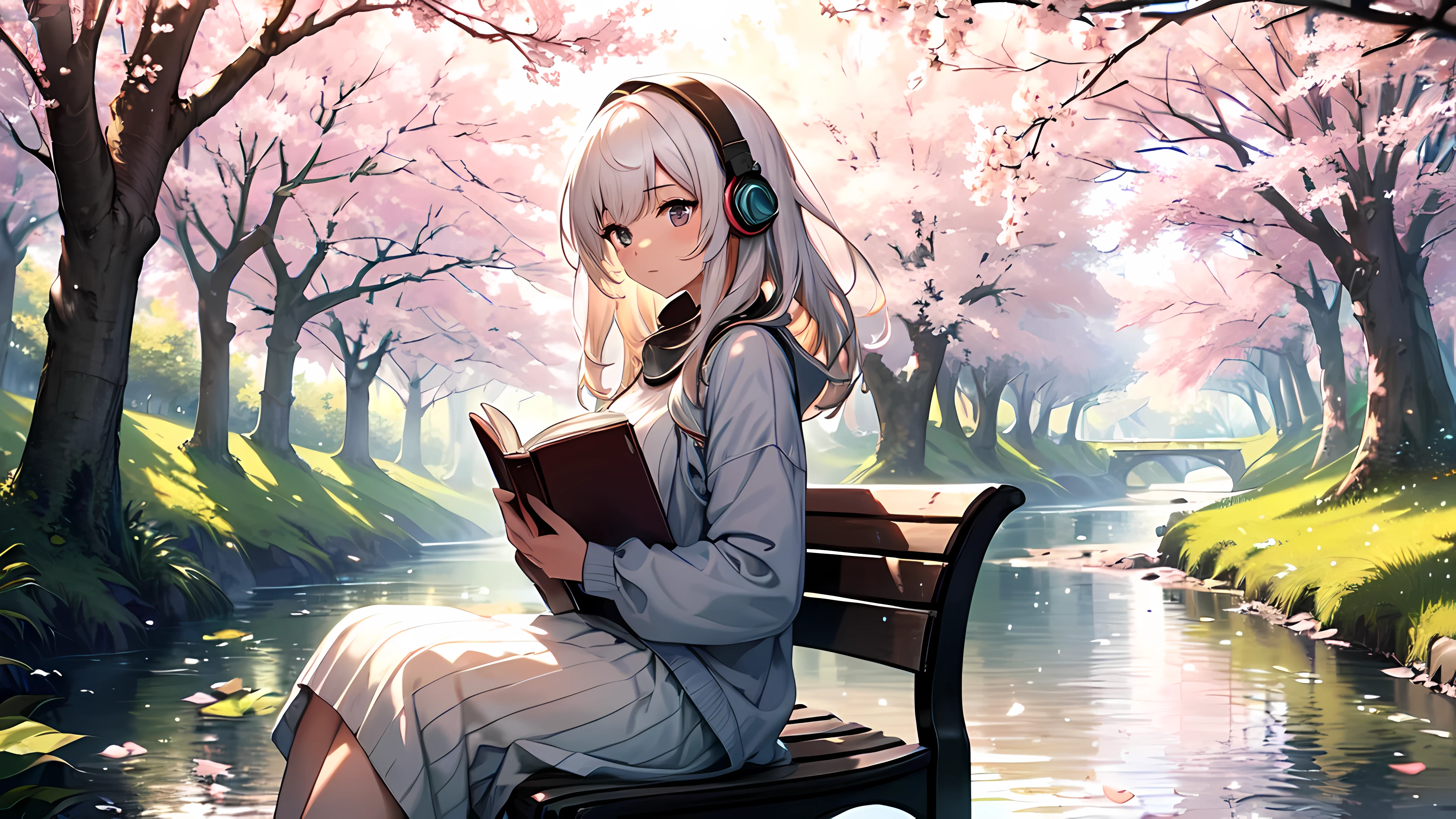 (best quality:1.2, 4k, highres, masterpiece:1.2), ultra-detailed, realistic:1.37, girl reading a book by the riverside, river, beautiful girl, reading, bench, wearing headphones, spring, cherry blossoms, serene atmosphere, sunlight filtering through the trees, gentle breeze, tranquil river flowing, vibrant colors, peaceful mood, water reflections