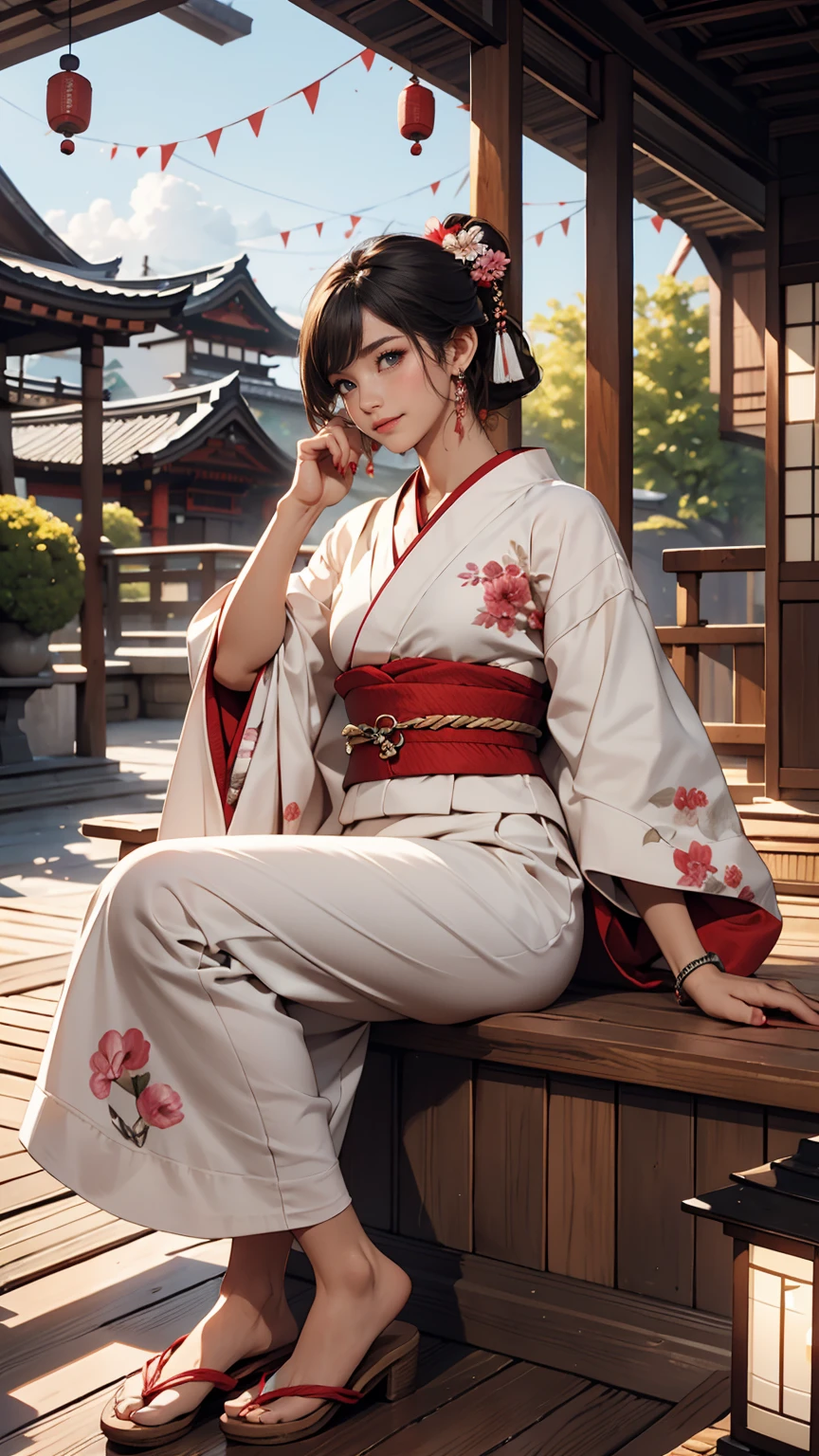((最high quality, 8K, masterpiece: 1.3, Ultra HD, high quality, 最high quality, High resolution, realism)) 、A stunningly beautiful 22-year-old Japanese woman、hair color is black、Iriedium Hair、Straight Hair、smile、Slender but well-proportioned, slim and muscular body、An athletic physique、I want my head to stay off screen、Wearing accessories on the wrist、Wearing red nail polish、I have a peticure、Sitting on the veranda of a Japanese house in the Japanese countryside、It's summer、A wind chime is hung in front of the eaves.、barefoot、Fanning oneself、A courtyard spreads out in front of the verandah.、Wear a yukata