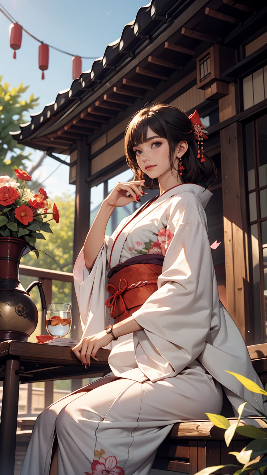 Young woman,bubbles,magic,Good reigns all around,mystical atmosphere,ultra detail,Sakura flowers,Japan,arch,Clear drawing,top quality,bright colors,4k Wallpaper,Patterns on the Floor,masonry,a lot of details,dark hair,dark red eyes,kimono