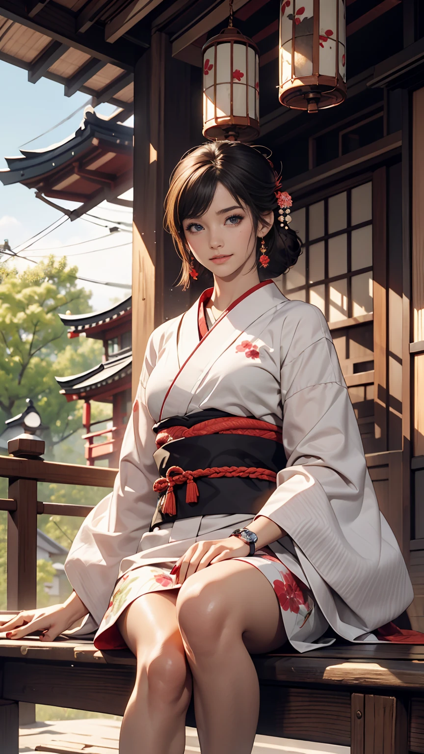 ((最high quality, 8K, masterpiece: 1.3, Ultra HD, high quality, 最high quality, High resolution, realism)) 、A stunningly beautiful 22-year-old Japanese woman、hair color is black、Iriedium Hair、Straight Hair、smile、Slender but well-proportioned, slim and muscular body、An athletic physique、I want my head to stay off screen、Wearing accessories on the wrist、Wearing red nail polish、I have a peticure、Sitting on the veranda of a Japanese house in the Japanese countryside、It&#39;s summer、A wind chime is hung in front of the eaves.、barefoot、Fanning oneself、A courtyard spreads out in front of the verandah.、Wear a yukata