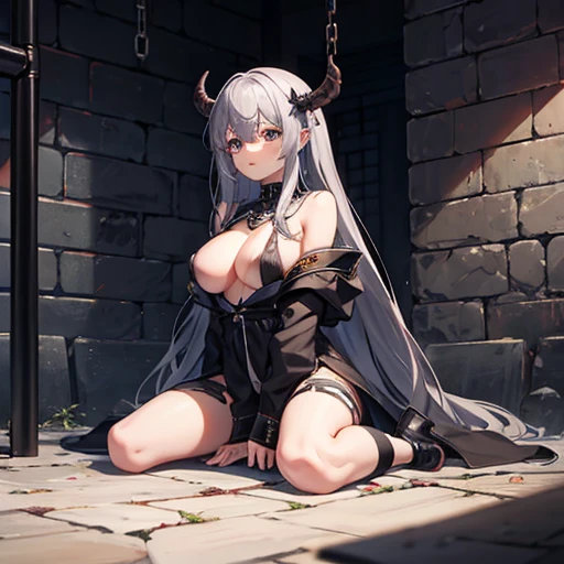 Second dimension beautiful girl、4K、Defeated Female Jockey、Demon Possession、Self-loss、Lewd expression、20th Generation、Obscene lines、In a dark prison、Iron bars、Lonely、Gray Hair、Stone wall、cobblestone floor、front、lay down、Disheveled long hair、Small room、Rag Clothes、Hollow Eyes、Chains on ankles、Weakened、adult、Big Breasts