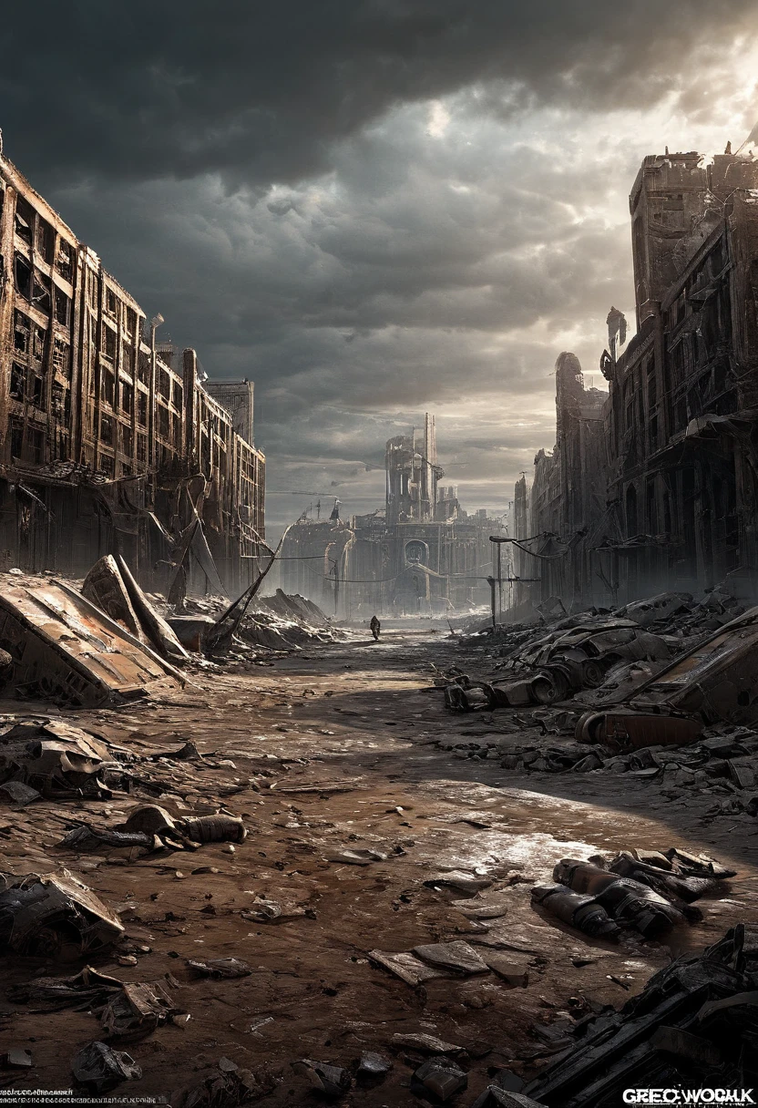 Post apocalyptic scenario, Desolate atmosphere, Dystopian landscape, wasteland, (masterpiece, best quality, Professional, perfect composition, very aesthetic, absurdres, ultra-detailed, intricate details:1.3), by greg rutkowski