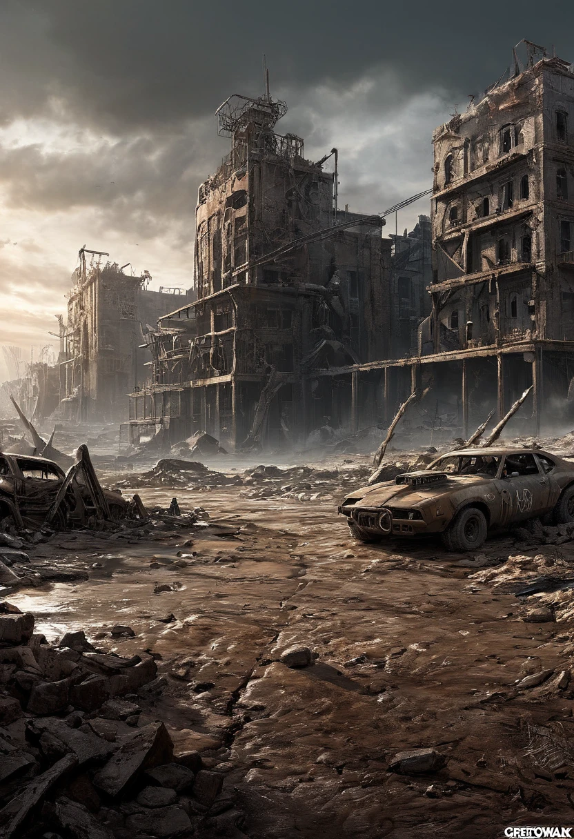 Post apocalyptic scenario, Desolate atmosphere, Dystopian landscape, wasteland, (masterpiece, best quality, Professional, perfect composition, very aesthetic, absurdres, ultra-detailed, intricate details:1.3), by greg rutkowski