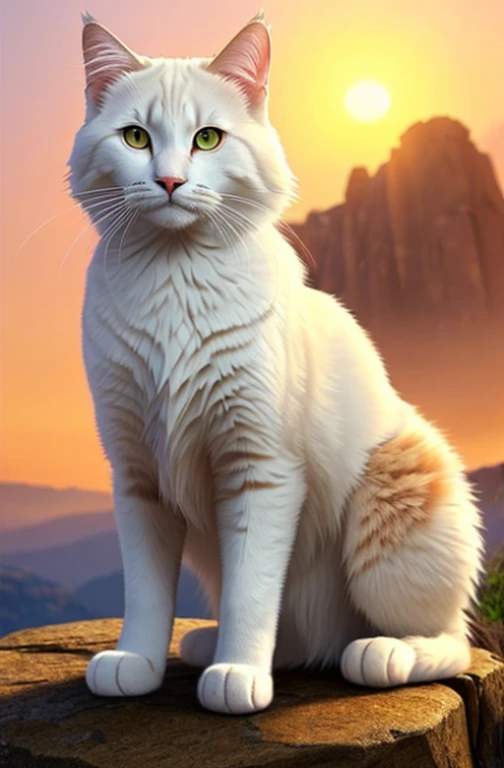 A majestic white warrior cat, with piercing amber eyes, proudly stands atop a craggy rock formation. In one powerful paw, its right hand clutches a tarnished, vintage gun, its trigger finger poised and ready. In its left hand, it hold a well-worn grenade, the pin gently pulled out, a sign of readiness and determination. The scene is bathed in the golden hues of a setting sun, illuminating every intricate detail of the cat's fur, rippling with the slightest breeze. Each whisker, each paw pad, and every muscle is rendered with breathtaking realism. This stunning depiction is a testament to