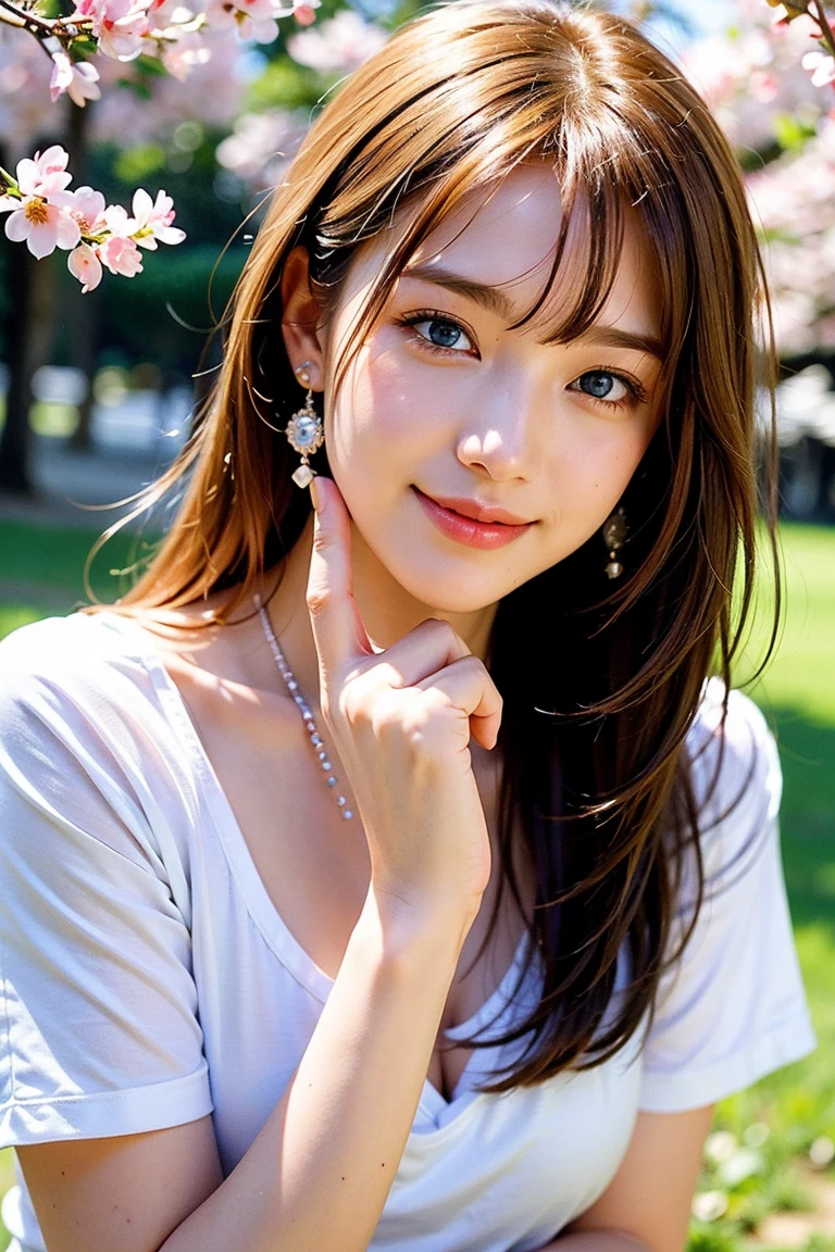 Save this image、Pale face and eyes:1.3、薄くてPale face and eyes:1.3, blue eyes:1.3、{highest quality}, {{masterpiece}}, {Very delicate and beautiful}, Extraordinary light and shadow, Highly detailed wallpaper, Sunny and bright, whole body, whole body、 1 girl, , blush:1.2、Shaggy blonde long hair:1.3, The bangs are cut at eyebrow height.:1.5、Strong sunlight,  (White T-shirt)、 Delicate Hair,Realistic skin texture, B cup breasts、Visible wrinkles on the skin., Broad shoulders:1.2, ((a strong light shines on your face:1.5)), color々Strike a Pose:1.5, necklace、ring、earrings、歯を見せたsmile:1,5、smile:1.5、Background of a park with cherry blossoms in full bloom:1.5, Ray Tracing、Cowboy Shot:1.5