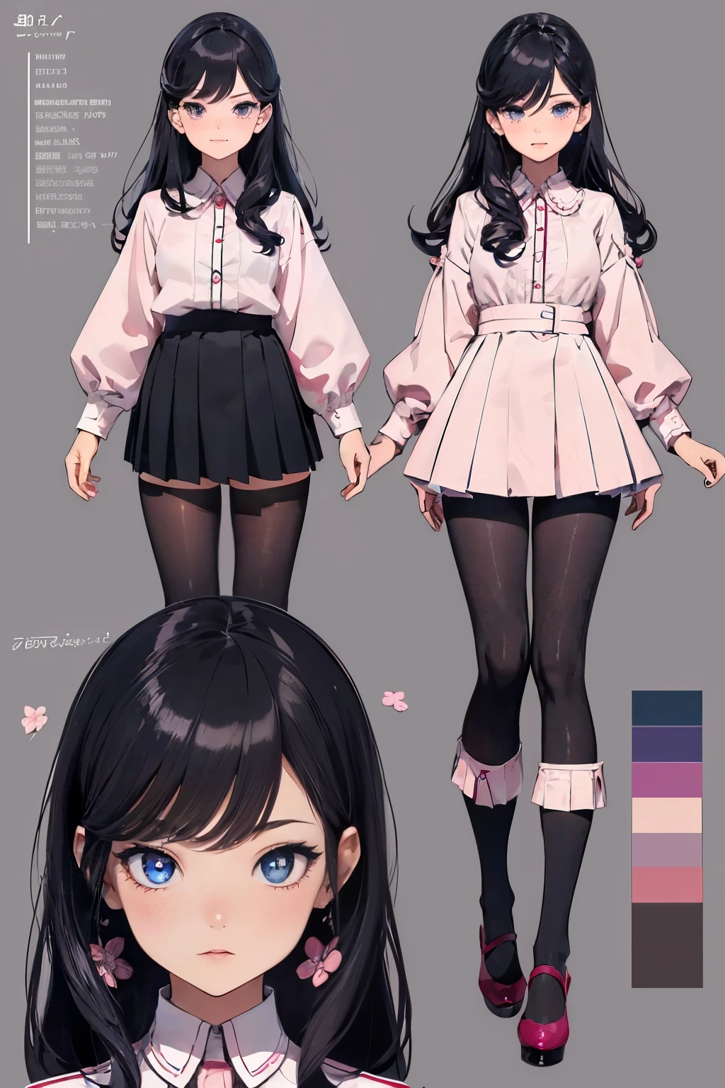 (best quality, highres,), beautiful detailed eyes, beautiful detailed lips, long eyelashes, pale skin, pink blush, large expressive eyes, glossy black hair, medium length, wavy hair, cute uniform with a pleated skirt, white knee-high socks, mary jane shoes, innocent and cheerful expression, confident and determined expression, colorful background with flowers and cherry blossoms, vibrant colors, soft lighting.
A comprehensive model sheet for a character, including front view and side view, with detailed perspectives and angles