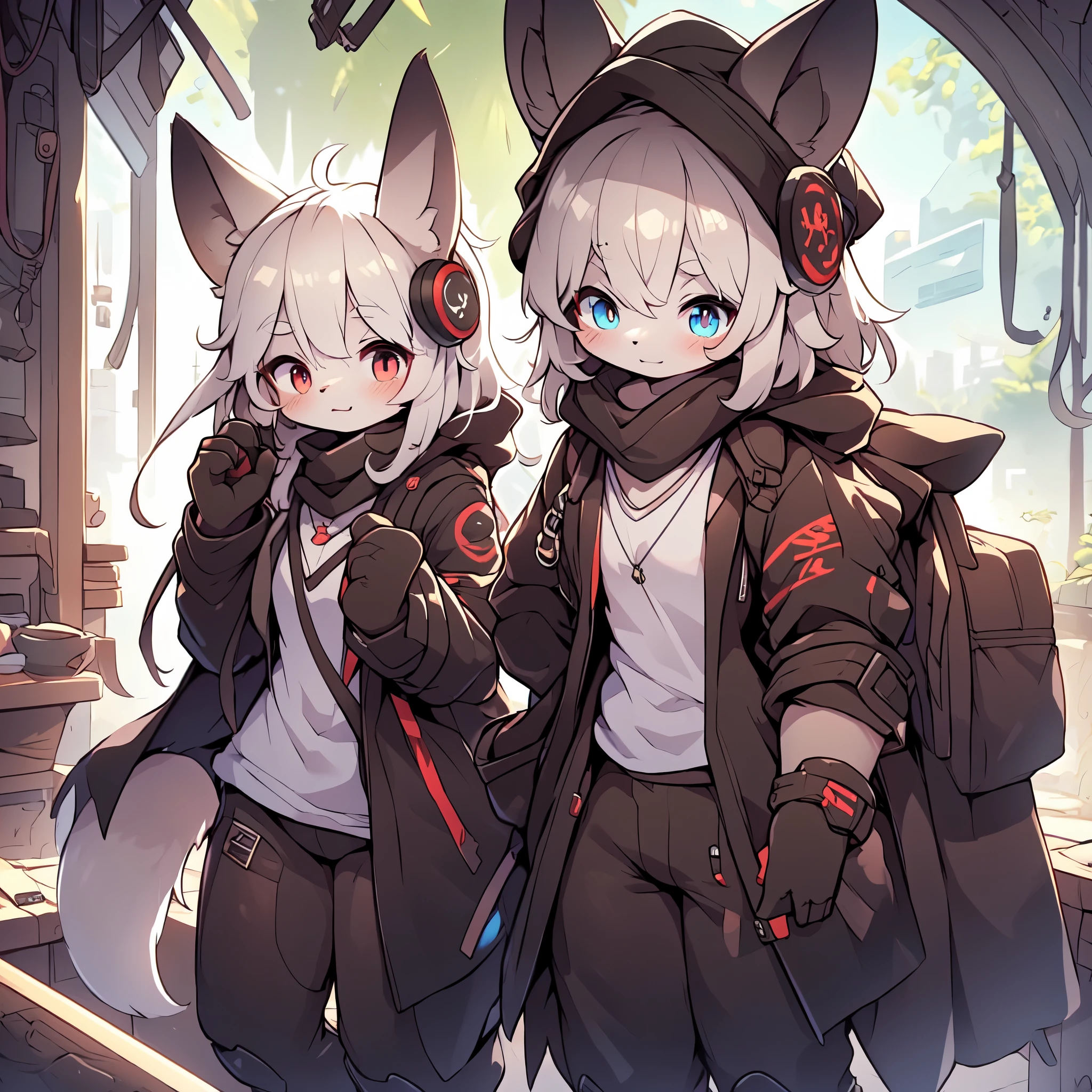 Kawaii, Striped Fluffy Fox, emaciated, long hair, 3girls, artificial synthetic skin, life support prosthetics, digital headphones, black tight latex bodysuit, white long dress, thigh-high-socks, shorts, loose off-the-shoulder hood open jacket, holsters in thigh, Mechanical boots, tactical knee pads, tactical belted loose Arm Sleeves, division, cybernetic Display gloves, chest rigs, tactical belts, blue archive halo, bulletproof goggles on forehead, from Ark nights,