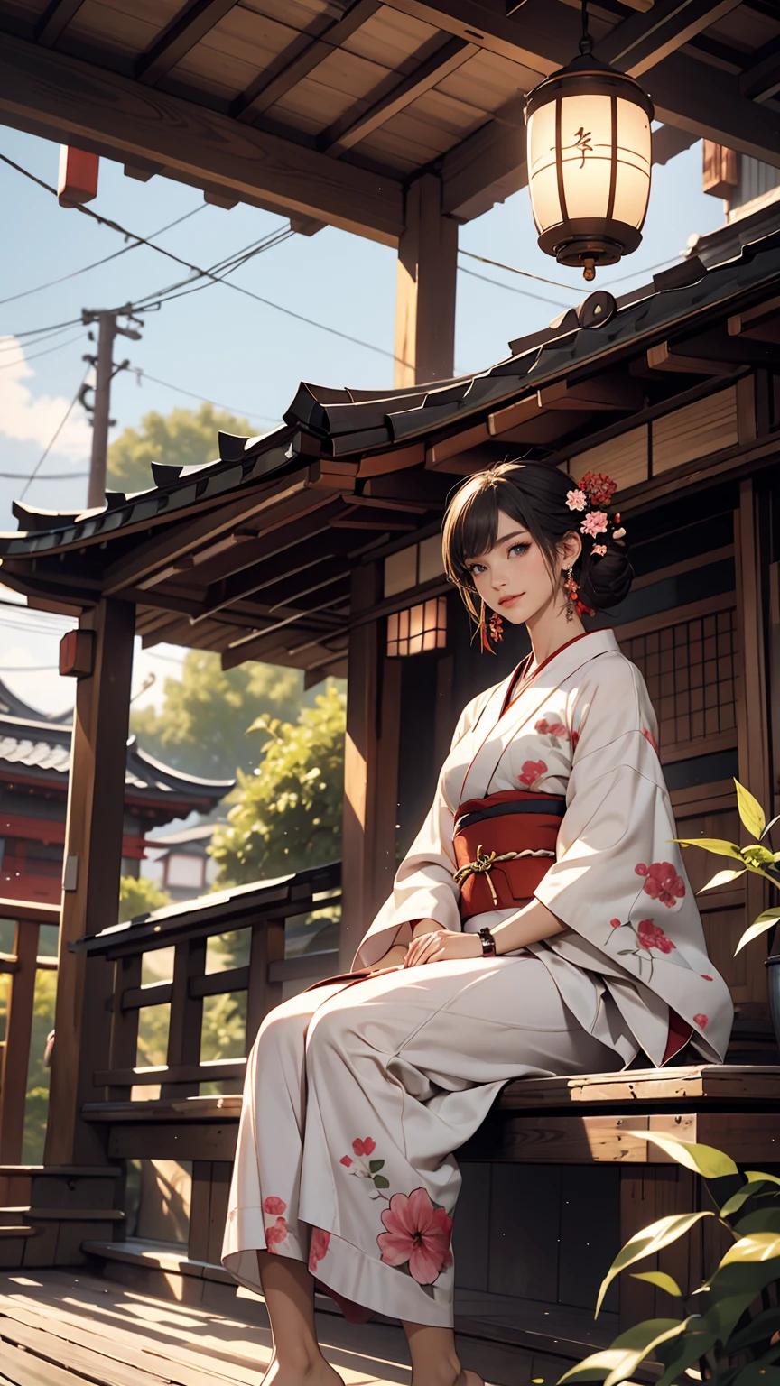((最high quality, 8K, masterpiece: 1.3, Ultra HD, high quality, 最high quality, High resolution, realism)) 、A stunningly beautiful 22-year-old Japanese woman、hair color is black、Iriedium Hair、Straight Hair、smile、Slender but well-proportioned, slim and muscular body、An athletic physique、I want my head to stay off screen、Wearing accessories on the wrist、Wearing red nail polish、I have a peticure、Sitting on the veranda of a Japanese house in the Japanese countryside、It's summer、A wind chime is hung in front of the eaves.、barefoot、Fanning oneself、A courtyard spreads out in front of the verandah.、Wear a yukata