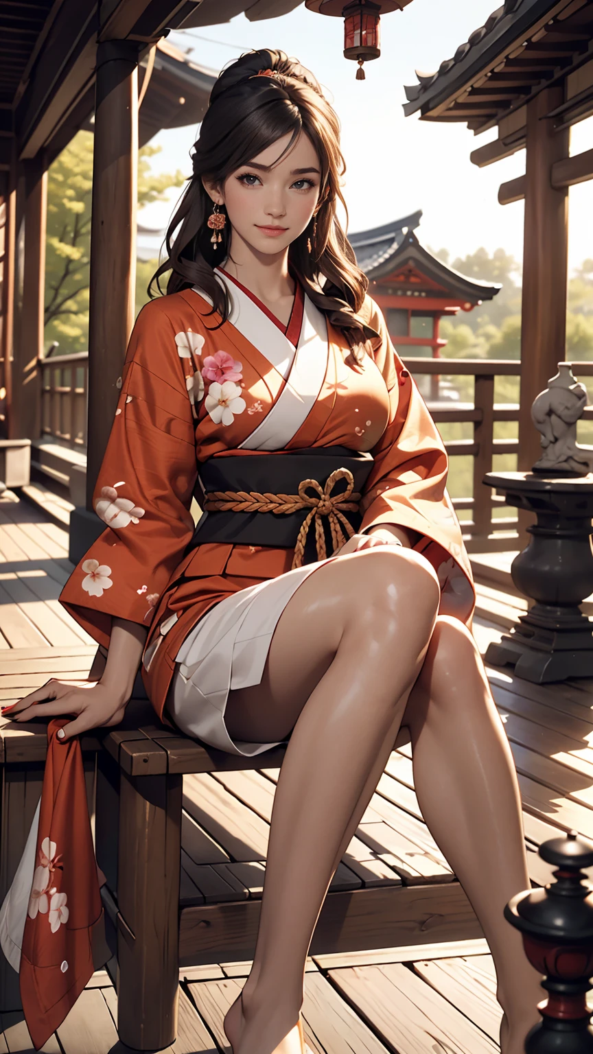((最high quality, 8K, masterpiece: 1.3, Ultra HD, high quality, 最high quality, High resolution, realism)) 、A stunningly beautiful 22-year-old Japanese woman、hair color is black、Iriedium Hair、Straight Hair、smile、Slender but well-proportioned, slim and muscular body、An athletic physique、I want my head to stay off screen、Wearing accessories on the wrist、Wearing red nail polish、I have a peticure、Sitting on the veranda of a Japanese house in the Japanese countryside、It's summer、A wind chime is hung in front of the eaves.、barefoot、Fanning oneself、A courtyard spreads out in front of the verandah.、Wear a yukata