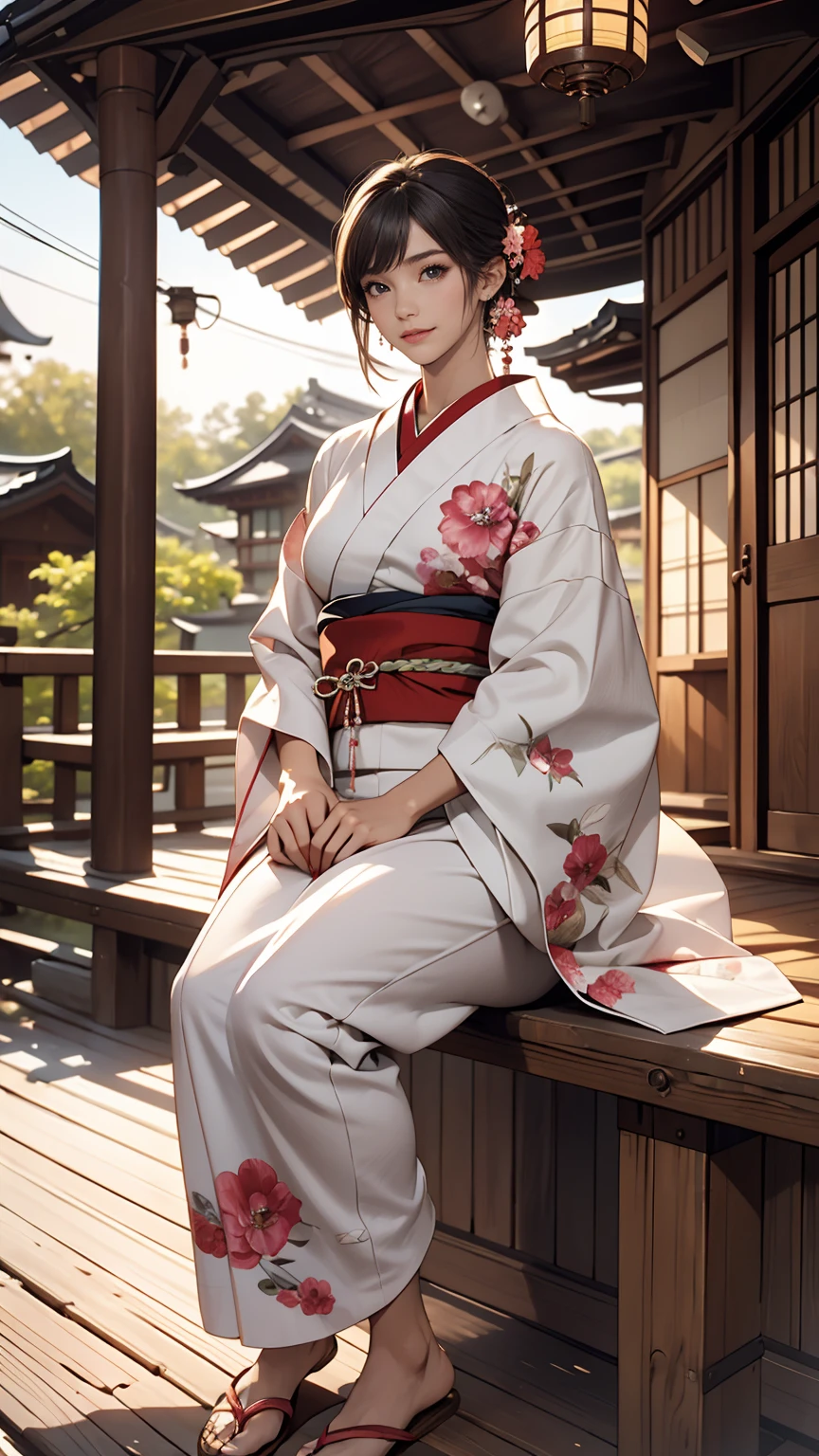 ((最high quality, 8K, masterpiece: 1.3, Ultra HD, high quality, 最high quality, High resolution, realism)) 、A stunningly beautiful 22-year-old Japanese woman、hair color is black、Iriedium Hair、Straight Hair、smile、Slender but well-proportioned, slim and muscular body、An athletic physique、I want my head to stay off screen、Wearing accessories on the wrist、Wearing red nail polish、I have a peticure、Sitting on the veranda of a Japanese house in the Japanese countryside、It's summer、A wind chime is hung in front of the eaves.、barefoot、Fanning oneself、A courtyard spreads out in front of the verandah.、Wear a yukata