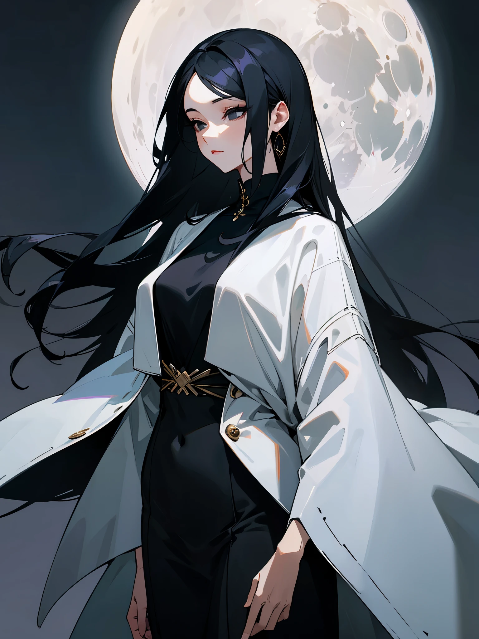 Beautiful, tall woman, mature appearance, long black hair, black eyes, stylish modern clothes, full moon background, ultra detailed