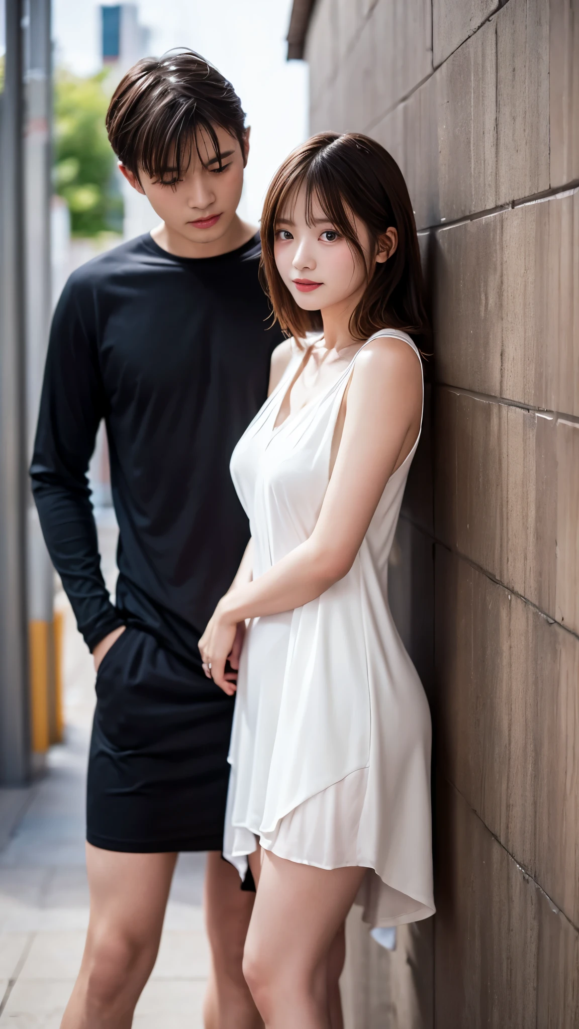 highest quality、4K quality、Man Standing、Leaning against a wall、Woman in negligee riding man、A man touches a woman forcefully、slender、Small face、18-year-old、女はslender、