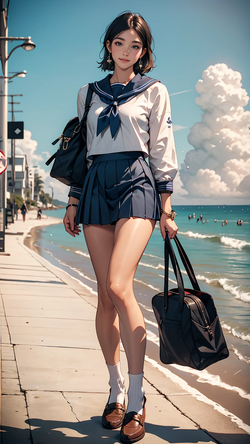 ((最high quality, 8K, masterpiece: 1.3, Ultra HD, high quality, 最high quality, High resolution, realism)) 、An extremely beautiful 18-year-old Japanese woman、hair color is black、Iriedium Hair、Straight Hair、smile、Slender but well-proportioned, slim and muscular body、An athletic physique、I want my head to stay off screen、sit on a high breakwater on the beach、The blue sky is beautiful、There is an entrance cloud、It's summer、I'm wearing a sailor suit、Wear a navy blue pleated skirt、wear loafers、There is a road in front of the breakwater、There is a sign indicating the bus stop.、The sea is beautiful、The horizon looks beautiful、An island can be seen off the coast