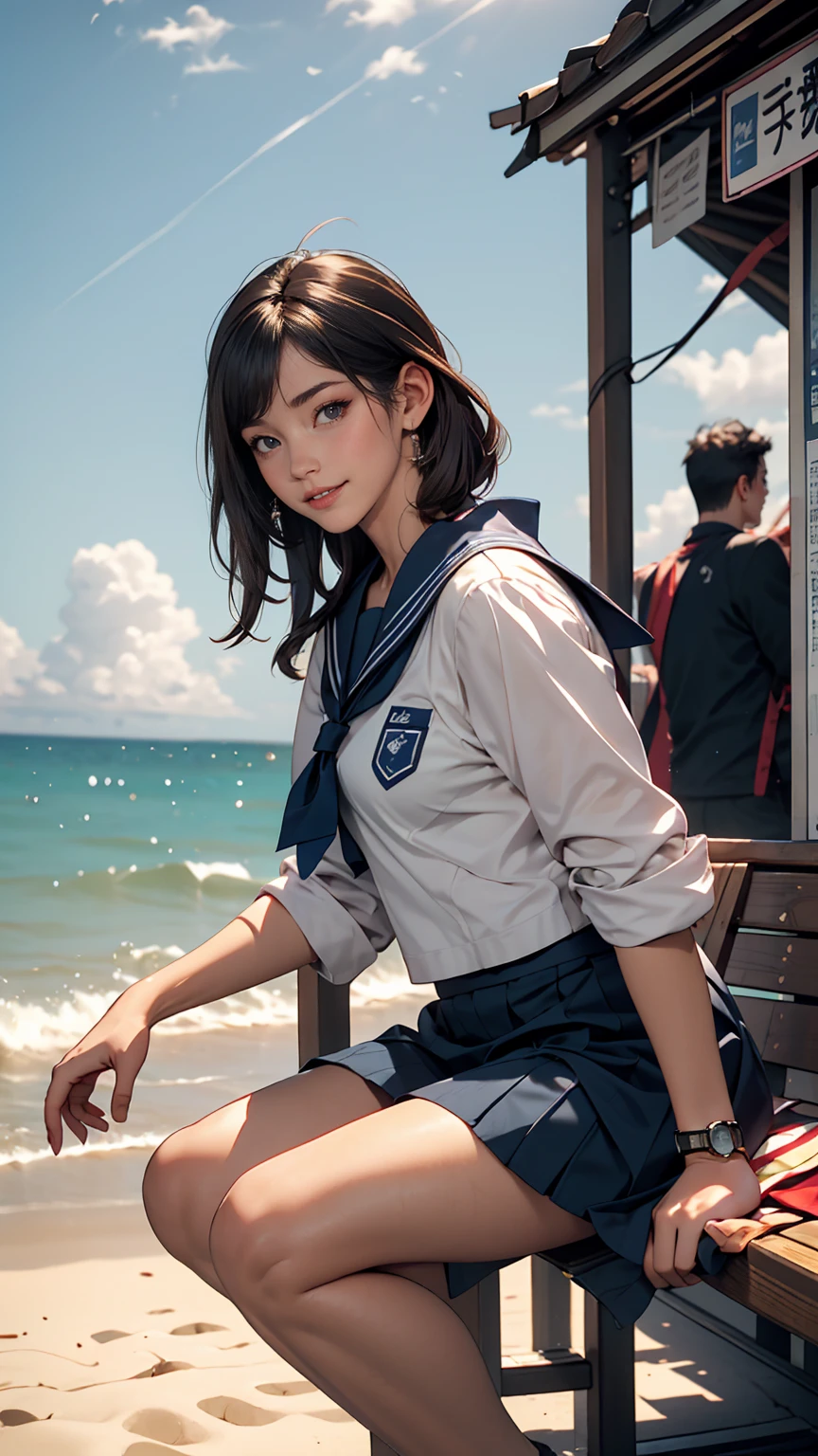 ((最high quality, 8K, masterpiece: 1.3, Ultra HD, high quality, 最high quality, High resolution, realism)) 、An extremely beautiful 18-year-old Japanese woman、hair color is black、Iriedium Hair、Straight Hair、smile、Slender but well-proportioned, slim and muscular body、An athletic physique、I want my head to stay off screen、sit on a high breakwater on the beach、The blue sky is beautiful、There is an entrance cloud、It&#39;s summer、I'm wearing a sailor suit、Wear a navy blue pleated skirt、wear loafers、There is a road in front of the breakwater、There is a sign indicating the bus stop.、The sea is beautiful、The horizon looks beautiful、An island can be seen off the coast