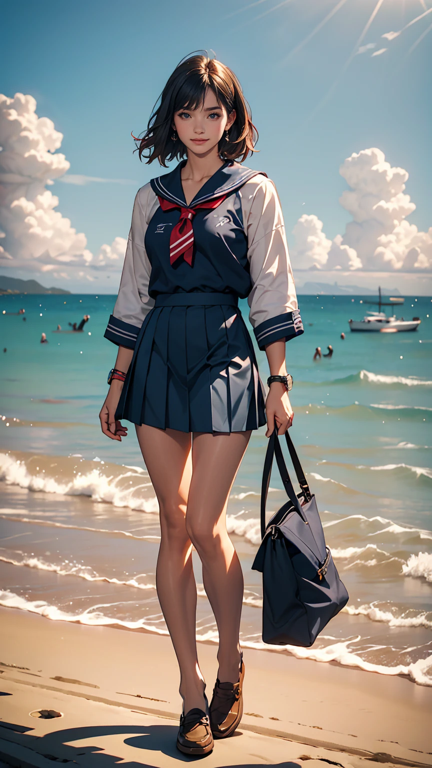 ((最high quality, 8K, masterpiece: 1.3, Ultra HD, high quality, 最high quality, High resolution, realism)) 、An extremely beautiful 18-year-old Japanese woman、hair color is black、Iriedium Hair、Straight Hair、smile、Slender but well-proportioned, slim and muscular body、An athletic physique、I want my head to stay off screen、sit on a high breakwater on the beach、The blue sky is beautiful、There is an entrance cloud、It's summer、I'm wearing a sailor suit、Wear a navy blue pleated skirt、wear loafers、There is a road in front of the breakwater、There is a sign indicating the bus stop.、The sea is beautiful、The horizon looks beautiful、An island can be seen off the coast