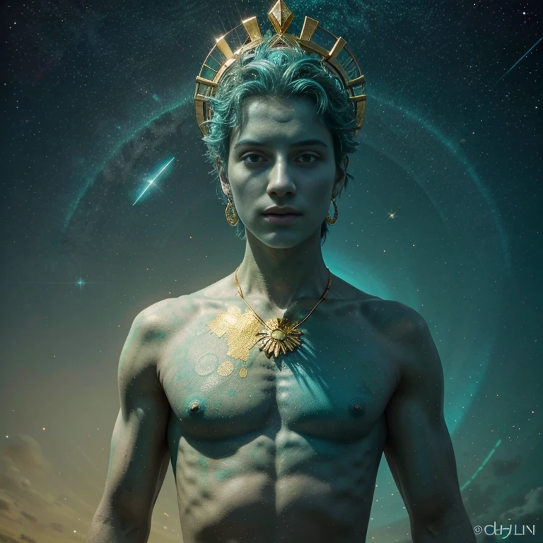 the Fool, dressed in sky blue, bright pale yellow, blue emerald green and emerald flecked gold, scintillating intelligence, the Spirit of the Aethyr, Air, Caza art, digital art