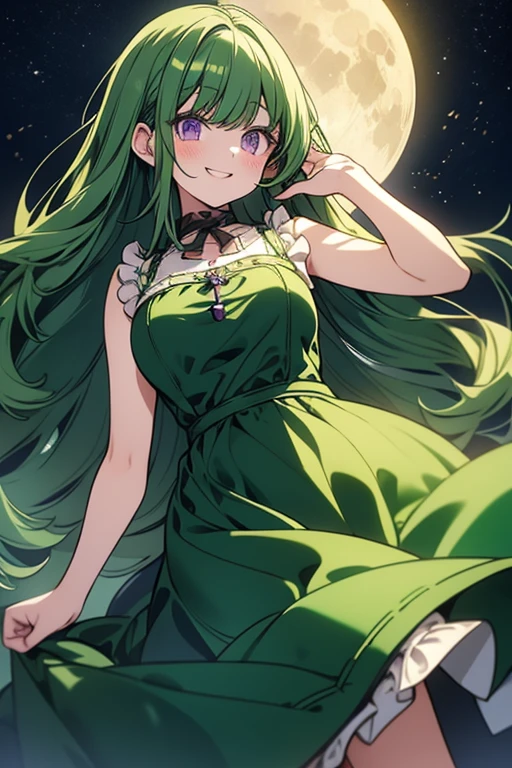 A green haired girl with purple eyes and an hourglass figure in a green Lolita dress is smiling in front of the moon
