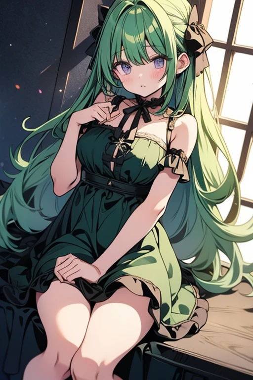 A green haired girl with purple eyes and an hourglass figure in a green Lolita dress is blushing in bedroom