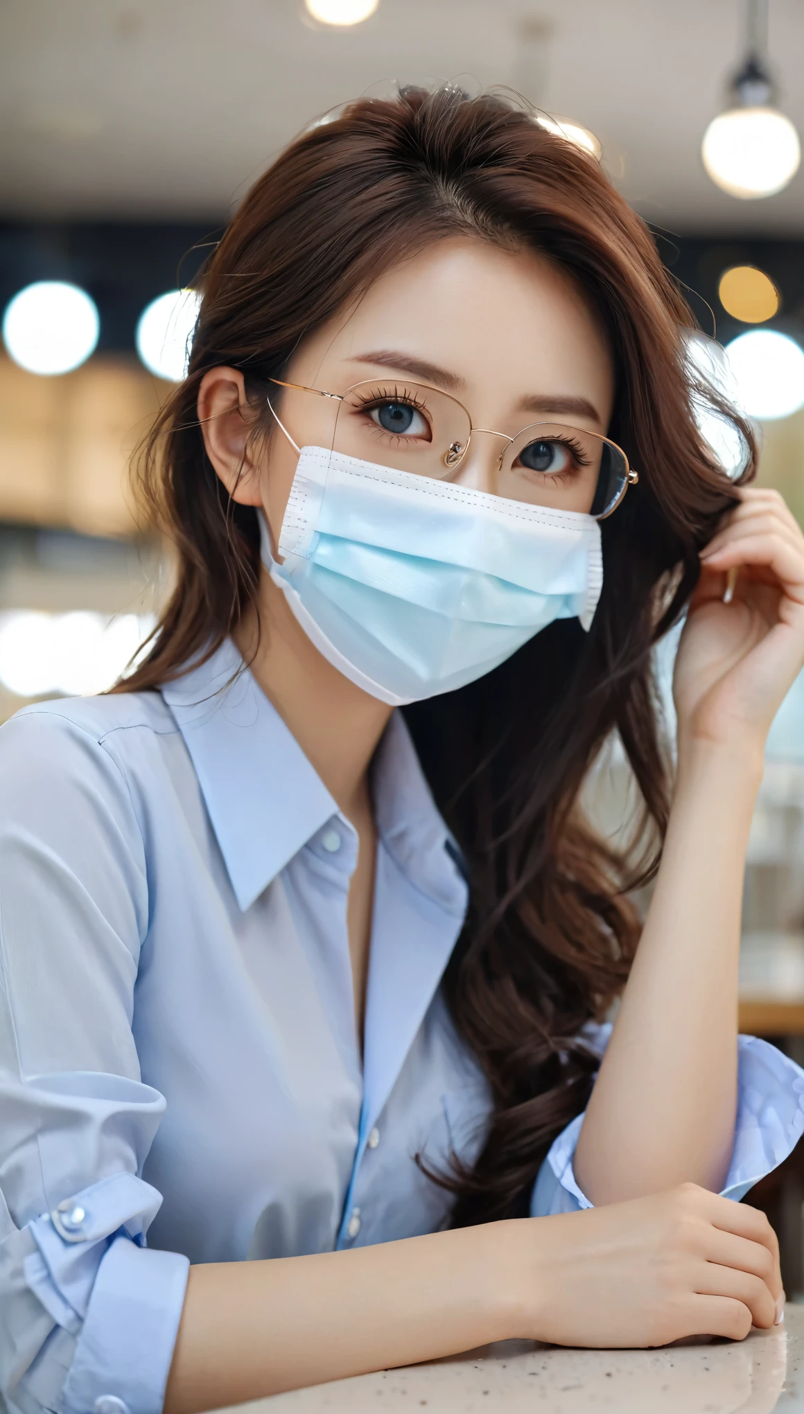 close-up of beautiful korean female, 34 inch breasts size, tie hair, blue eyes, wearing rolled sleeves shirt, mouth mask, glassses, in cafeteria, bokeh background, UHD