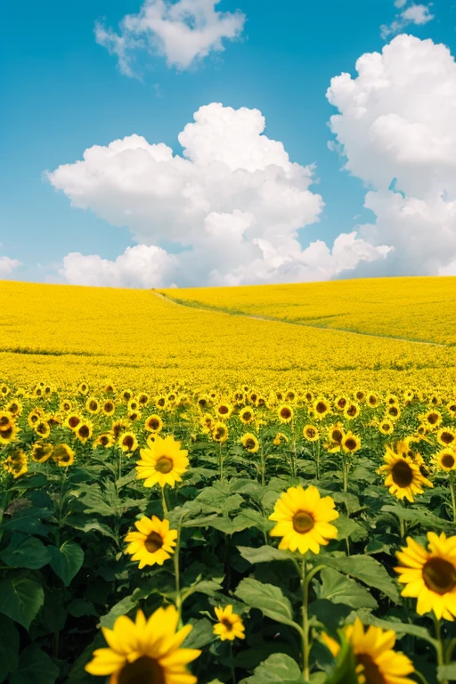 A sunflower field with a bright blue summer sky