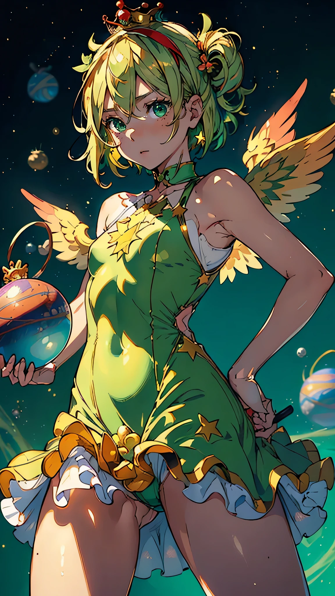 (masterpiece), (highest quality), (Super detailed),(Disheveled Hair),(figure), (One girl), (Fashionable clothes),悪魔バスター★スター・バタフライ,Blond hair down to her waist, ((Red horned headband)), ((Bright pastel green one-piece dress)), ((A magic wand with stars trapped inside a small sphere, A small sphere with a magic wand with wings growing from it,A magic wand with a small crown on top of a small sphere)),