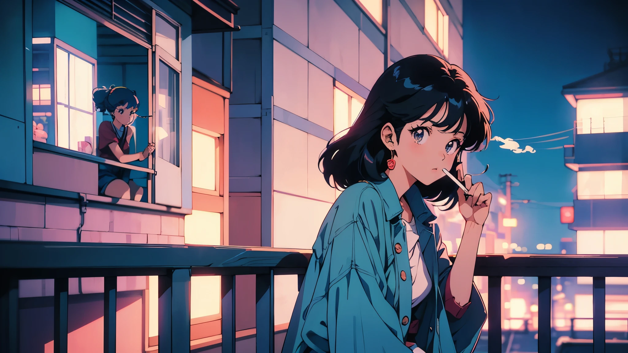 Anime girl on retro balcony, 80年代のAnime atmosphere, 80s anime style, Retro Anime Girl, 1980's anime style, Retro anime images, Anime atmosphere, Smoking a cigarette, night