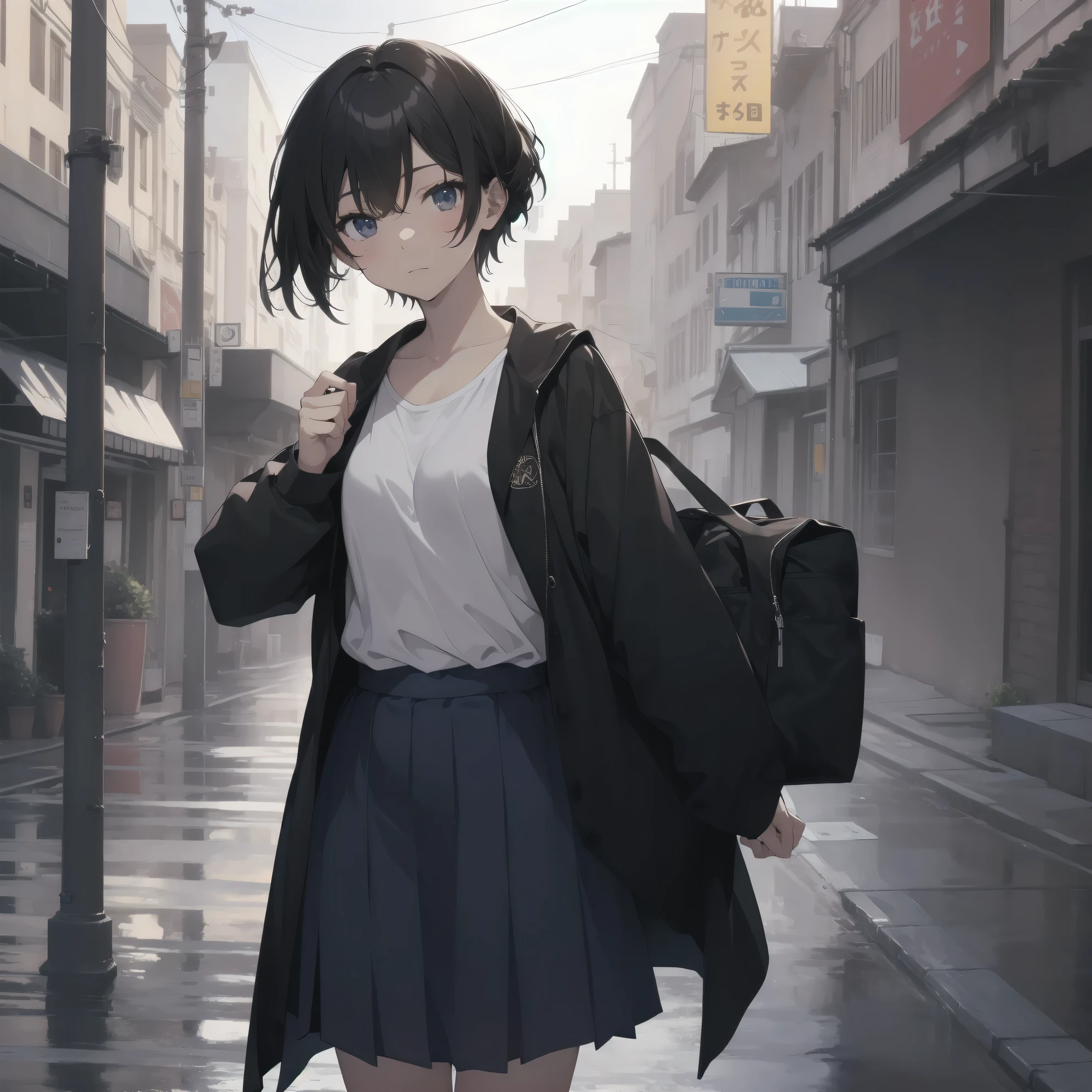 ultra-absurdres-Top quality by artist God, ultra-detailed, high resolution, anime moe artstyle, best anime 8k konachan wallpaper, pixiv contest winner,pool:2810, perfect anatomy,break, 1girl, (Please draw a girl walking sleepily to school alone. )break,(Solo,little female, 13-year-old:1.3),Full limbs, complete fingers,a junior high school student,  (very short hair), short cut, flat chest, , small butt, small black eyes, beautiful detailed eyes, well-proportioned iris and pupils, expressive eyes, highres detailed hair, soft expression, school_uniform, official_alternate_costume, pleated skirt,(Detailed Lighting), (Detailed background), in the School commute route. break,super detailed skin, Best cinematic lighting powered by famous artist, 8k,beauty illustration,photoshop_(medium),very aesthetic,break,((artist:ido_(teketeke))), artist:bolze ,artist:oyari_ashito ,artist:kantoku ,