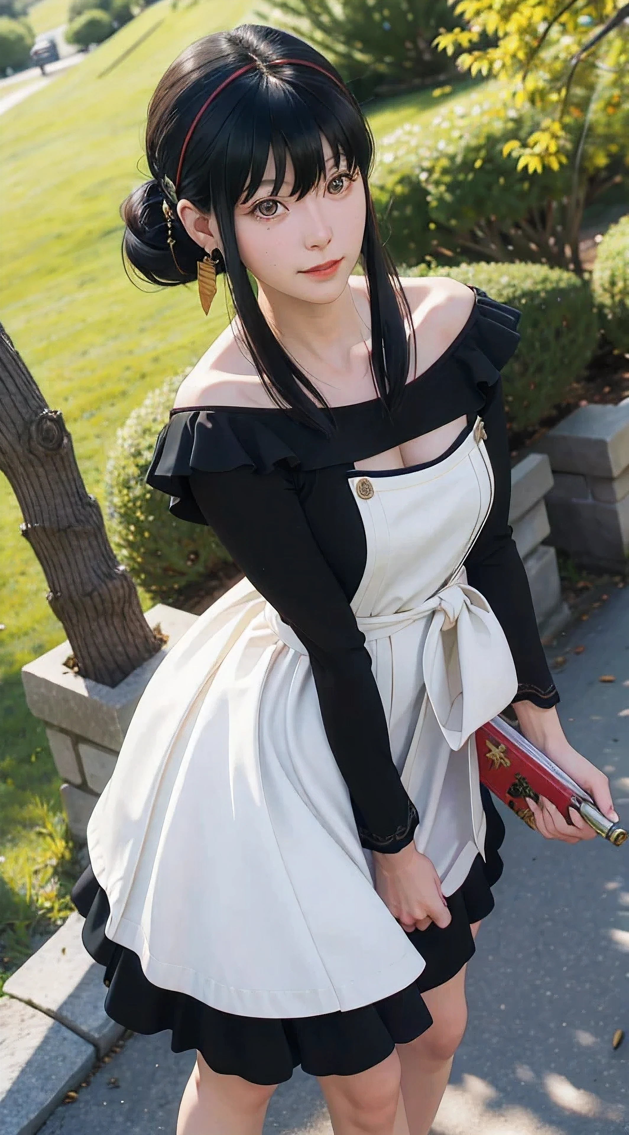 yor, Mature female, bangs, side locks, Red eyes, Black hair, hair adornments,sportrait, (face:1.2), schoolgirls, ssmile,bare shoulders, Black hair, walking at time square buzz, (Robe:1.21), clavicle, Willow Branch, (masterpiece best quality :1.2),