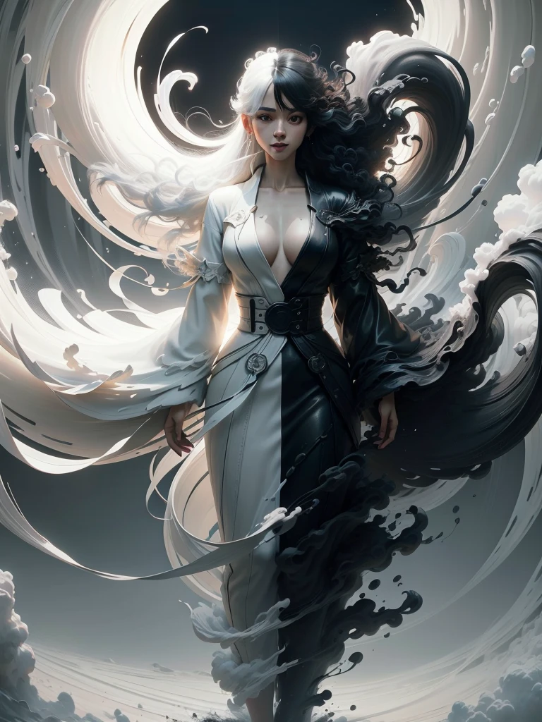 wabstyle, glowing, robe, (fog,:1.2) (mist:1.2), smoke, woman composed of white light, woman composed of black smoke, fire, sun, (photorealistic:1.4), cowboy shot, cinematic angle, fisheye, motion blur, nude, sexly, shoujo kitou-chuu,blue fire, frie rain, Long hair fluttering in the wind, loong, wave, The best smile when you see me、cute emo woman, long dark (white and black hair), punk-rock ta, natural breasts, waist up portrait, full body portrait, fashion photography, long wavy white and black hair, ((long black leather coat)), perfect face, ((full body portrait)) no background, Ultra-high definition beautiful teeth, realistic hands