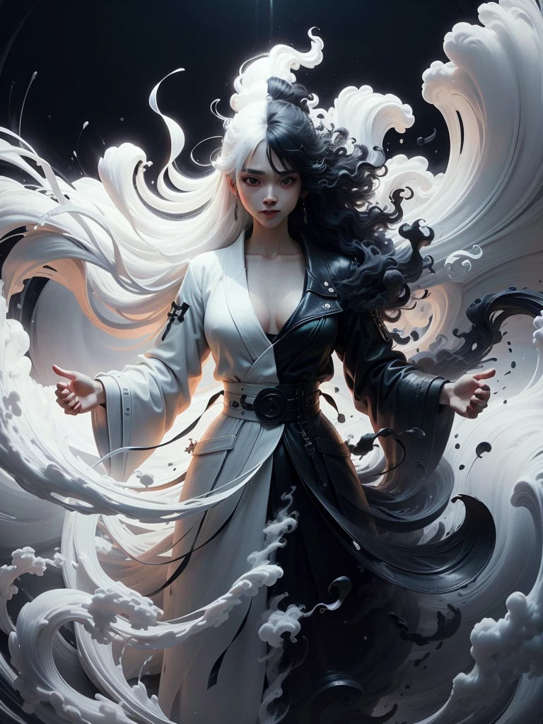 wabstyle, glowing, robe, (fog,:1.2) (mist:1.2), smoke, woman composed of white light, woman composed of black smoke, fire, sun, (photorealistic:1.4), cowboy shot, cinematic angle, fisheye, motion blur, nude, sexly, shoujo kitou-chuu,blue fire, frie rain, Long hair fluttering in the wind, loong, wave, The best smile when you see me、cute emo woman, long dark (white and black hair), punk-rock ****ta, natural breasts, waist up portrait, full body portrait, fashion photography, long wavy white and black hair, ((long black leather coat)), perfect face, ((full body portrait)) no background, Ultra-high definition beautiful teeth, realistic hands