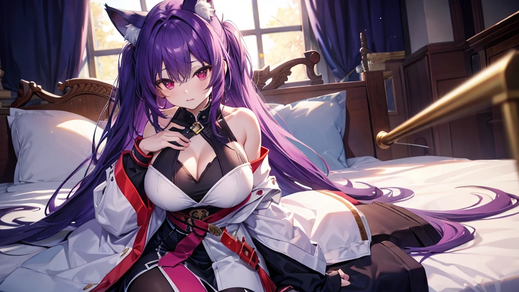 Fox Girl, Large Breasts, voluminous purple hair, masterpiece , Red eyes, hd, Head to Chest, buried in my chest、Underboobs、Double teeth,, On the bed