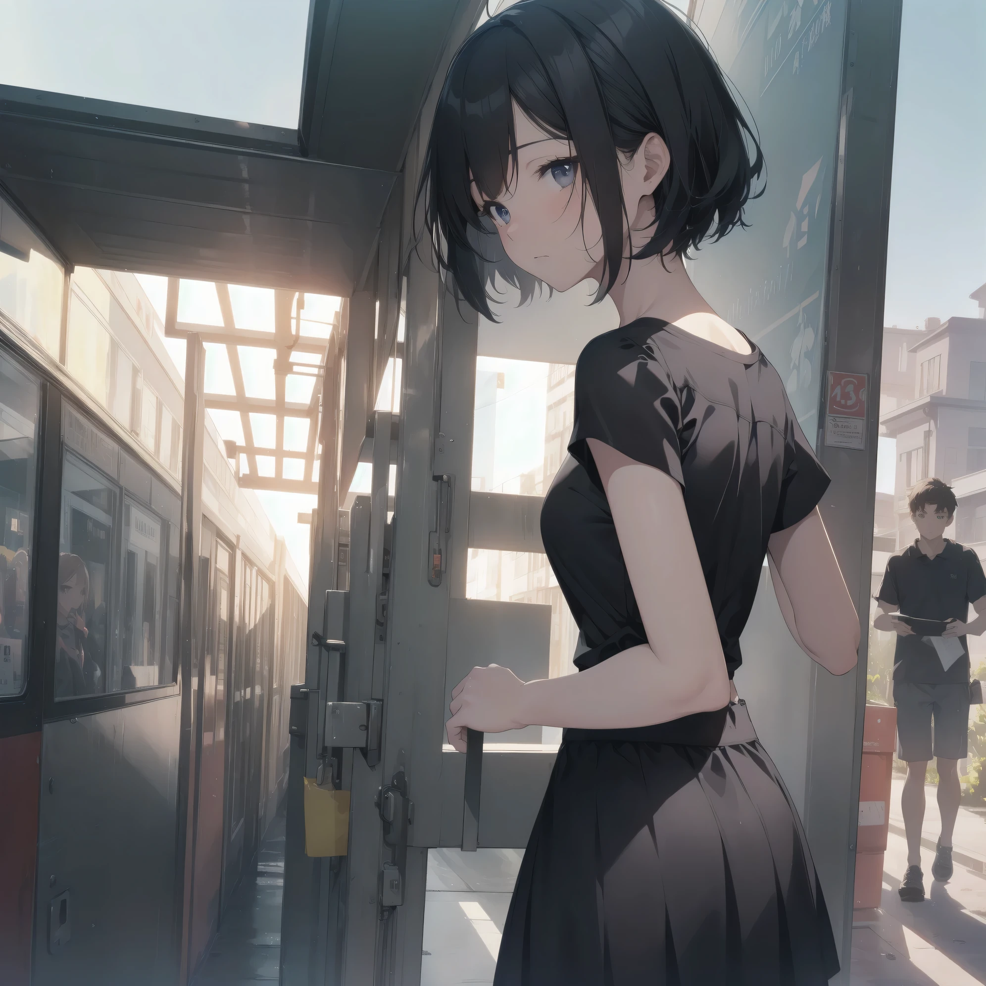 ultra-absurdres-Top quality by artist God, ultra-detailed, high resolution, anime moe artstyle, best anime 8k konachan wallpaper, pixiv contest winner,pool:2810, perfect anatomy,break, 1girl, (Please draw a girl walking sleepily to school alone. )break,(Solo,little female, 13-year-old:1.3),Full limbs, complete fingers,a junior high school student, (very short hair), short cut, flat chest, , small butt, small black eyes, beautiful detailed eyes, well-proportioned iris and pupils, expressive eyes, highres detailed hair, soft expression, school_uniform, official_alternate_costume, pleated skirt,(Detailed Lighting), (Detailed background), in the School commute route. break,super detailed skin, Best cinematic lighting powered by famous artist, 8k,beauty illustration,photoshop_(medium),very aesthetic,break,((artist:ido_(teketeke))), artist:bolze ,artist:oyari_ashito ,artist:kantoku ,