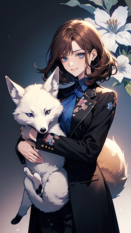 (highest quality,High resolution,Very detailed),1 girl, Beautiful and elegant light blue eyes, brown hair, Cold Smile,indignation,I&#39;Angry,Blue floral ornament,Medium Hair, wearing a black suit,Blue floral ornament, Mature Woman, Age 25,Cruel smile, Calm and Calm, Slim figure, Pale complexion, thin, Calm, secretary,He has a big fox with him..,Carrying a big fox,Blue floral ornament
