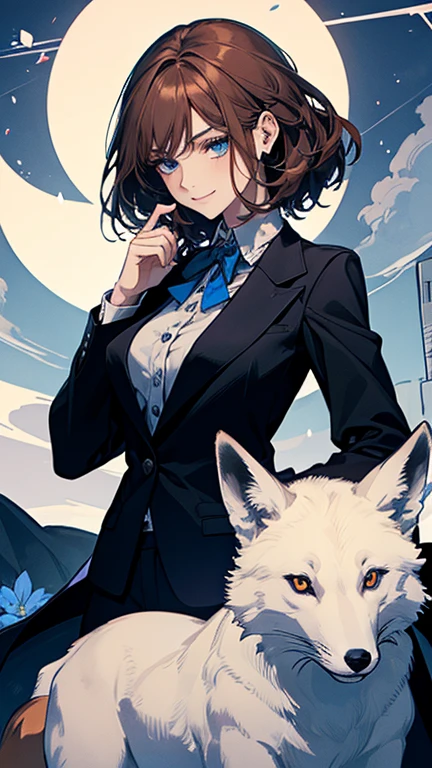 (highest quality,High resolution,Very detailed),1 girl, Beautiful and elegant light blue eyes, brown hair, Cold Smile,indignation,I'Angry,Blue floral ornament,Medium Hair, wearing a black suit,Blue floral ornament, Mature Woman, Age 25,Cruel smile, Calm and Calm, Slim figure, Pale complexion, thin, Calm, secretary,He has a big fox with him..,Carrying a big fox,Blue floral ornament