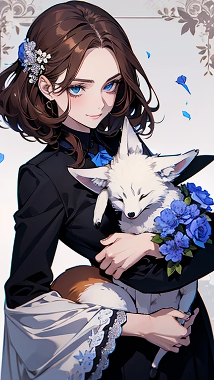 (highest quality,High resolution,Very detailed),1 girl, Beautiful and elegant light blue eyes, brown hair, Cold Smile,indignation,I'Angry,Blue floral ornament,Medium Hair, wearing a black suit,Blue floral ornament, Mature Woman, Age 25,Cruel smile, Calm and Calm, Slim figure, Pale complexion, thin, Calm, secretary,He has a big fox with him..,Carrying a big fox,Blue floral ornament
