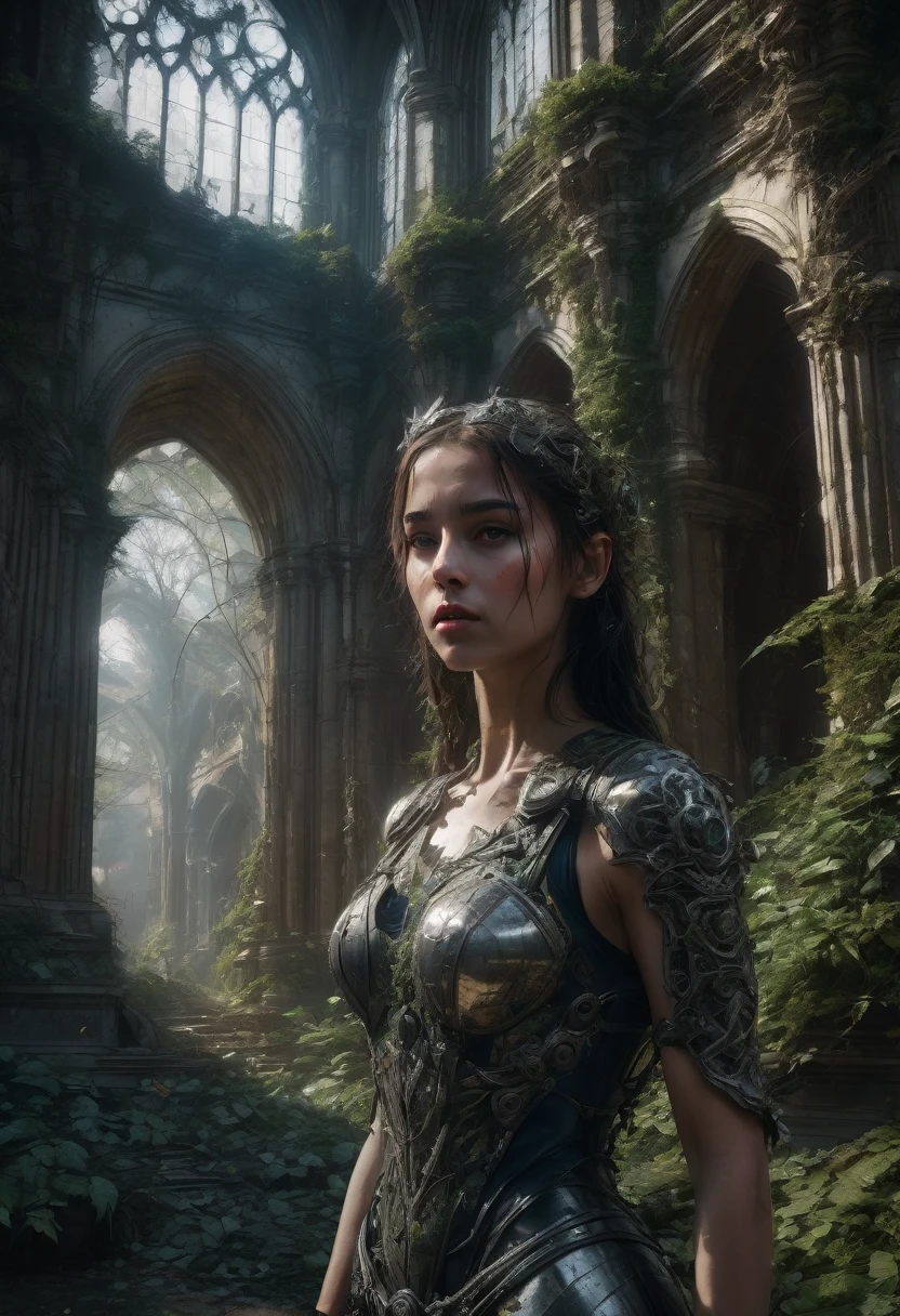 1girl, Post-Apocalyptic Wasteland, Overgrown Cathedrale Notre-Dame-de-Paris covered in vines  and moss Ruins in Luxuriant Jungle, post-apocalyptic epic realistic detailed matte painting, deep color, fantastical, intricate detail, splash screen, complementary colors, fantasy concept art, 8k resolution trending on Artstation Unreal Engine 5