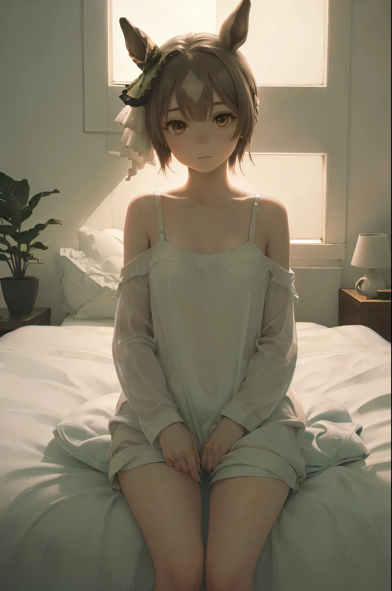 satono diamond,umamusume、A  girl wearing only a white pajama top and no panties,The areola is visible,((Small breasts)),Sitting on the bed,(highest quality、4k、8k、High Resolution、masterpiece:1.2)、Super detailed、(Photorealistic:1.37)、Portrait、Sharp Focus、feminine、delicate、White skin、Subtle curves、Gentle expression、Soft lighting、Bright colors、Artistic atmosphere,