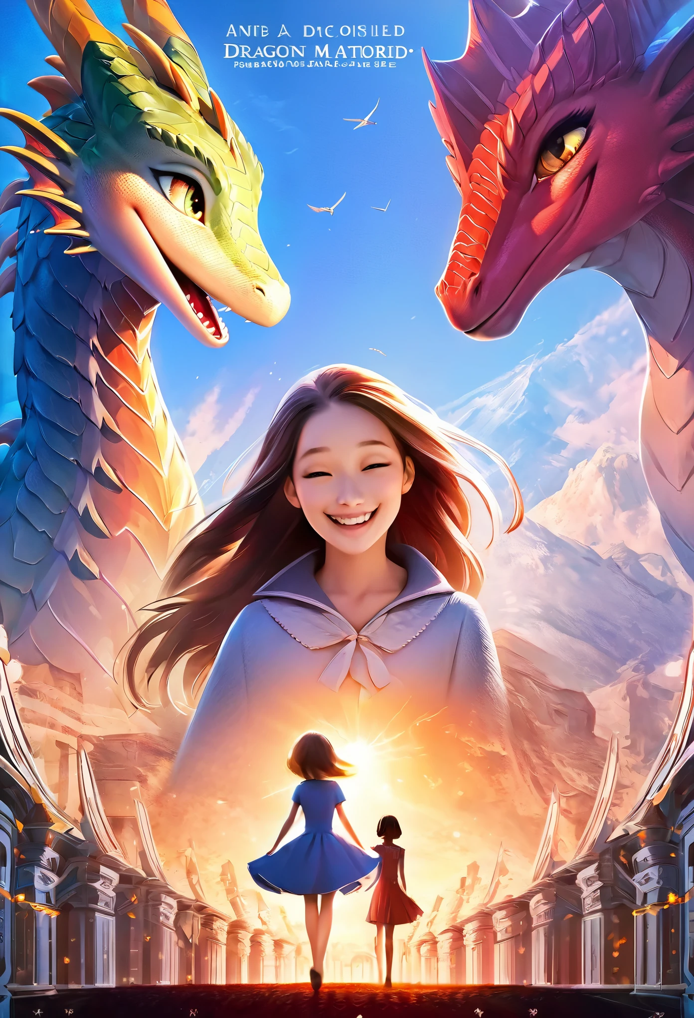 movie poster, highres, top quality, best quality, paid reward available, unparalleled masterpiece, perfect artwork, absurdres, High-quality illustrations, super high resolution, detailed background, perfect anatomy(1girl, large gragon)(animation, movie of a Dragon and human girl)blue sky, smile, smile, happy, joyful, cinematic lighting, title logo,