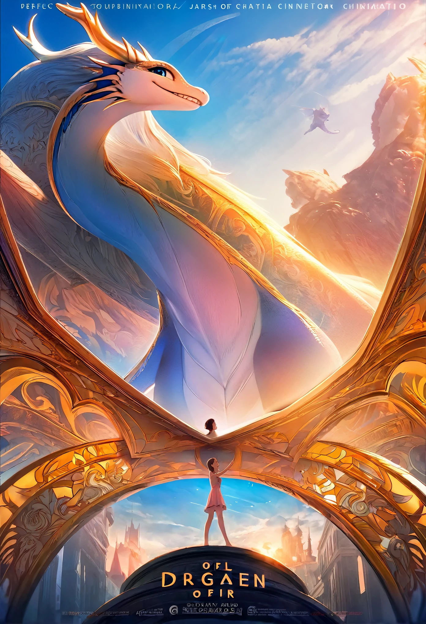 movie poster, highres, top quality, best quality, paid reward available, unparalleled masterpiece, perfect artwork, absurdres, High-quality illustrations, super high resolution, detailed background, perfect anatomy(1girl, large gragon)(animation, movie of a Dragon and human girl)blue sky, smile, smile, happy, joyful, cinematic lighting, title logo,