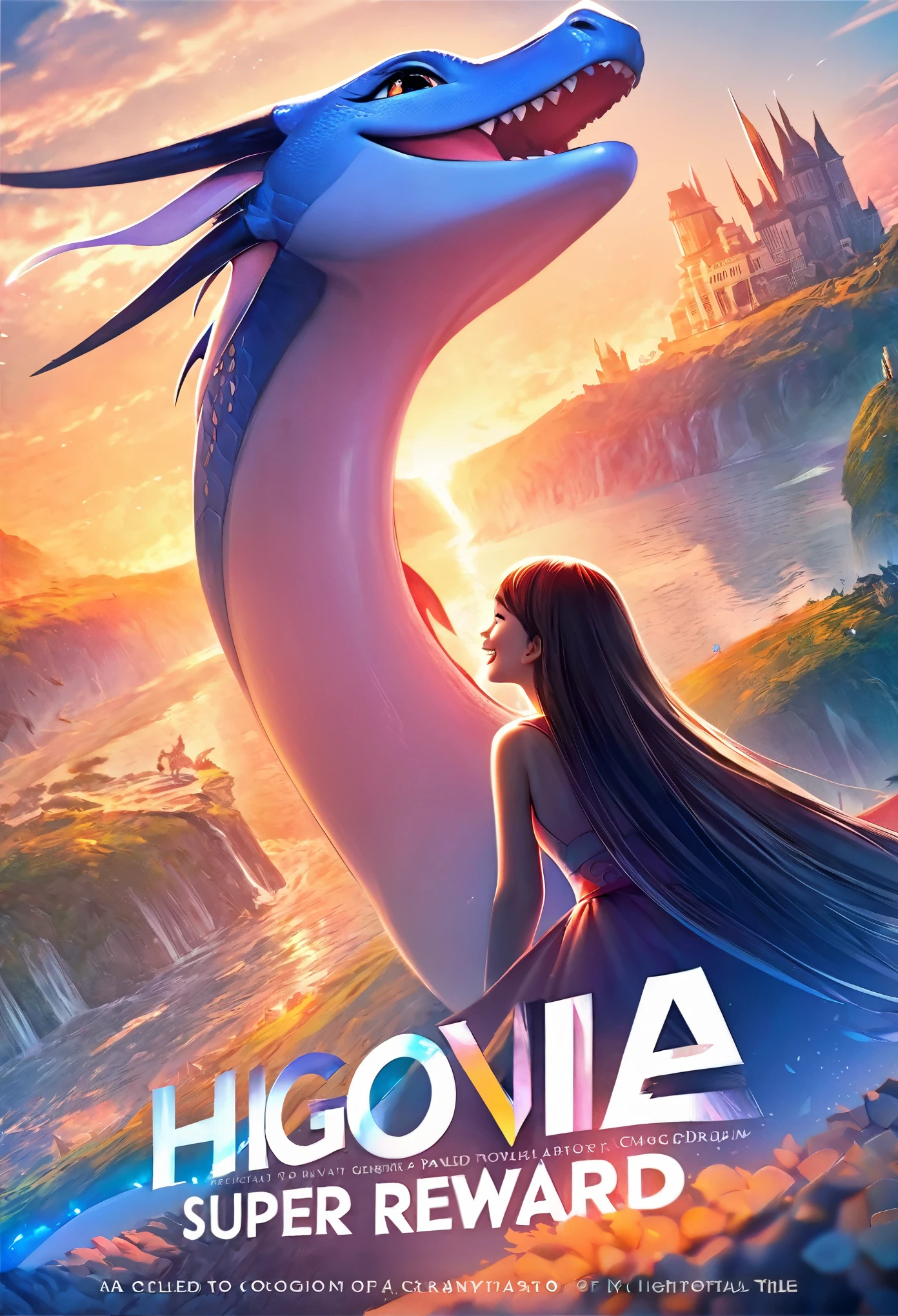 movie poster, highres, top quality, best quality, paid reward available, unparalleled masterpiece, perfect artwork, absurdres, High-quality illustrations, super high resolution, detailed background, perfect anatomy(1girl, large gragon)(animation, movie of a Dragon and human girl)blue sky, smile, smile, happy, joyful, cinematic lighting, title logo,