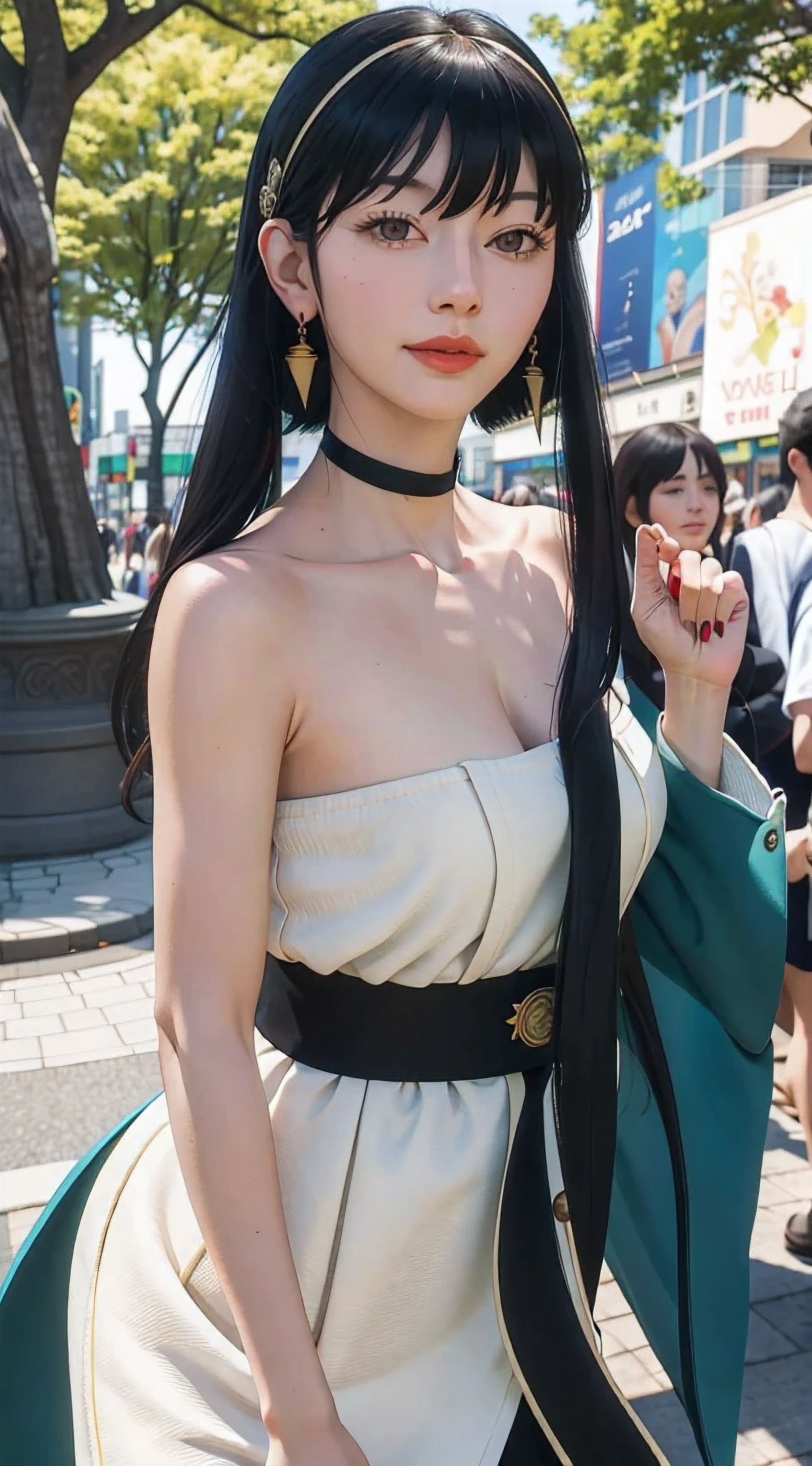 yor, Mature female, bangs, side locks, Red eyes, Black hair, hair adornments,sportrait, (face:1.2), girls, ssmile,bare shoulders, Black hair, walking at time square buzz, (Robe:1.21), clavicle, Willow Branch, (masterpiece best quality :1.2),