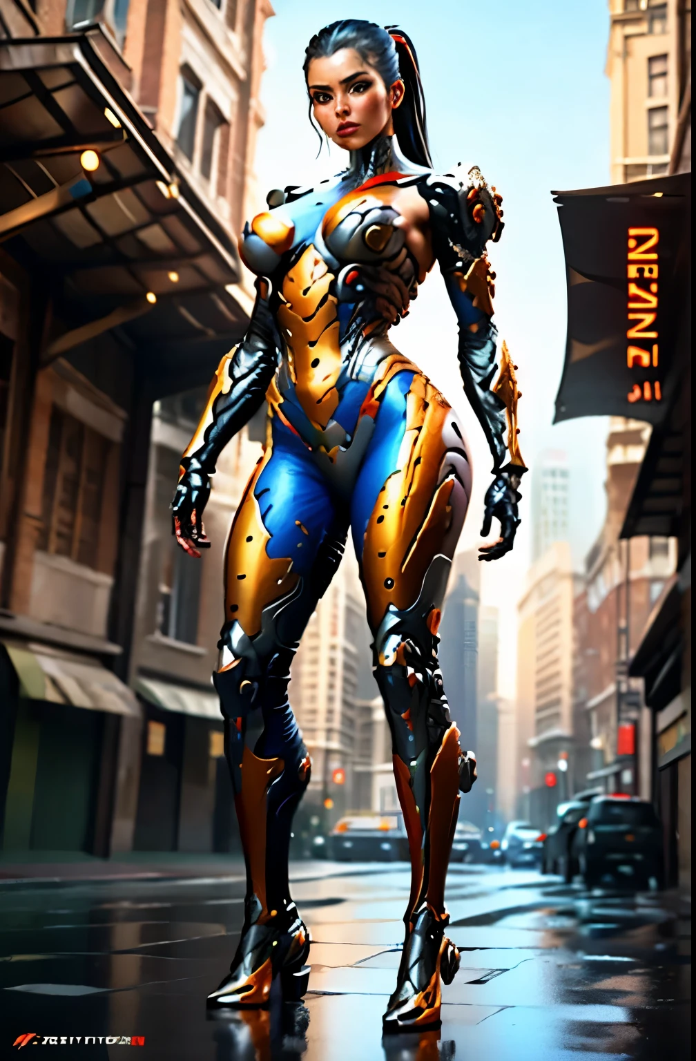 ((best quality)), ((masterpiece)), (detailed), beautiful female cyborg in post-apocalyptic world, standing tall from head to toe in the futuristic cyberpunk city street