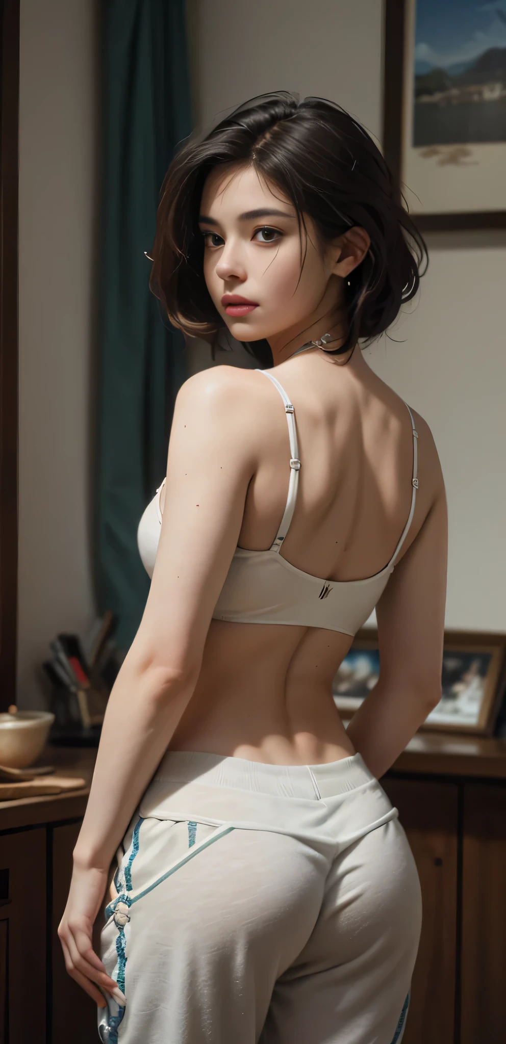 (RAW photo, 4k, masterpiece, high res, extremely intricate) (photorealistic:1.4), cinematic lighting 1girl, solo focus, summer noon, hot, 1990s \(style\),cowboy shot, indoors, photo real, realistic, view from behind, sweatpants.