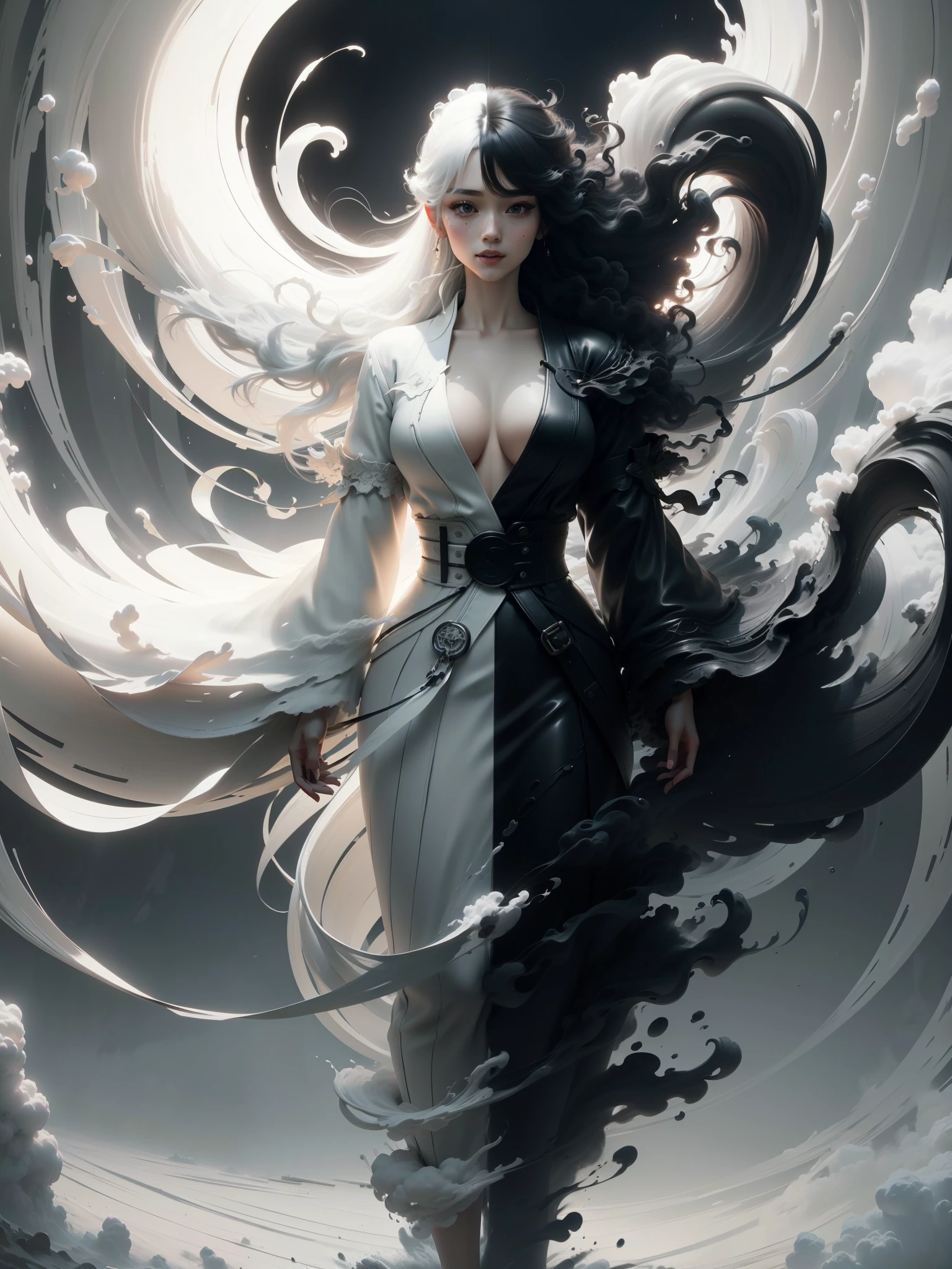 wabstyle, glowing, robe, (fog,:1.2) (mist:1.2), smoke, woman composed of white light, woman composed of black smoke, fire, sun, (photorealistic:1.4), cowboy shot, cinematic angle, fisheye, motion blur, nude, sexly, shoujo kitou-chuu,blue fire, frie rain, Long hair fluttering in the wind, loong, wave, The best smile when you see me、cute emo woman, long dark (white and black hair), punk-rock ta, natural breasts, waist up portrait, full body portrait, fashion photography, long wavy white and black hair, ((long black leather coat)), perfect face, ((full body portrait)) no background, Ultra-high definition beautiful teeth, realistic hands