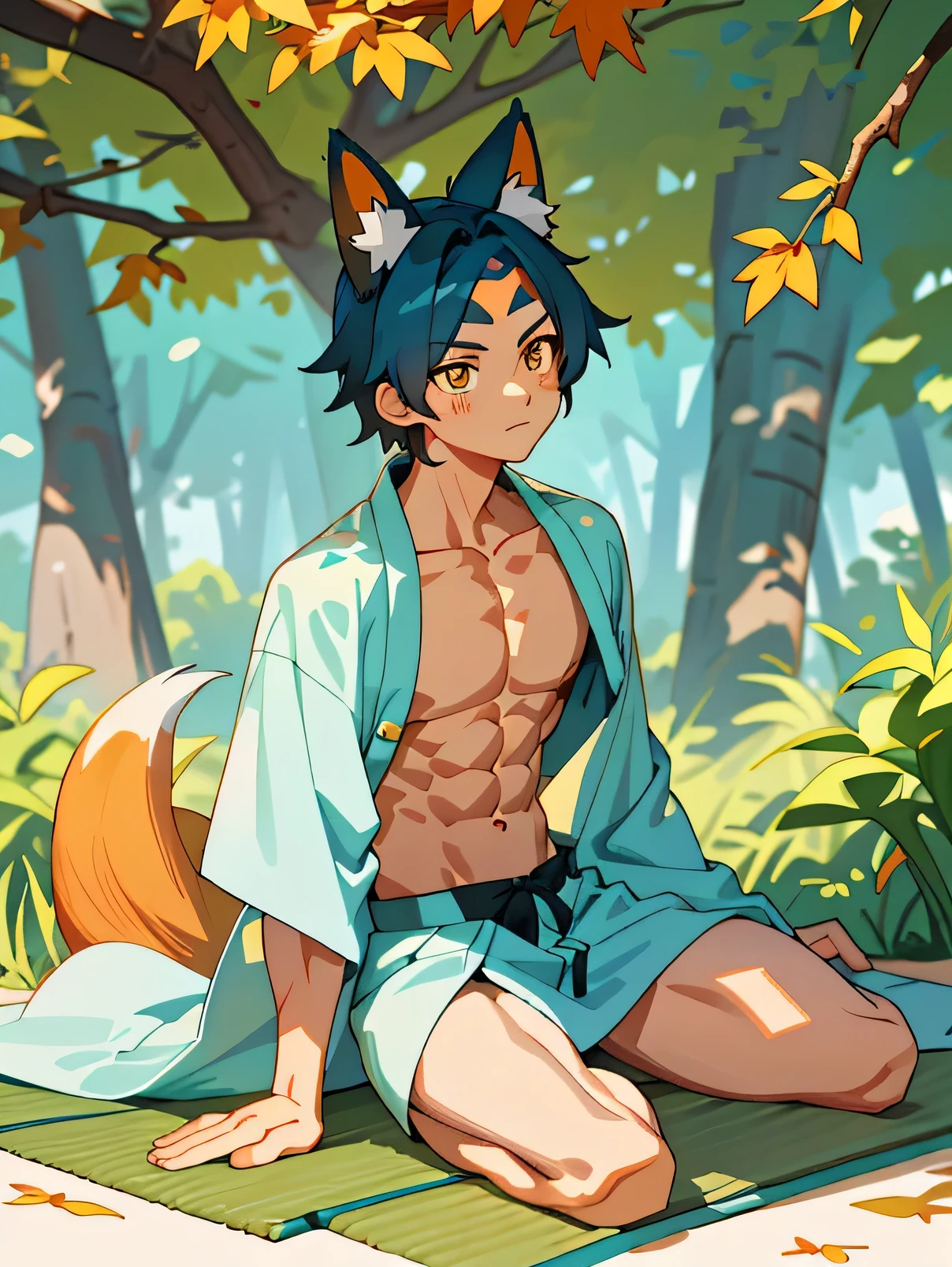 Anime boy with fox ears and tail, 1 person, Sitting on a mat under a tree,Falling autumn leaves, Abdominal muscles definition, Blue Hair,Bangs cover the forehead, Wearing a traditional Japanese kimono with split sleeves, Animal ear twitching, The fox's eyes glow yellow, Facial Tagging:Forest mark engraved on collarbone, Well-developed chest and arm muscles, Cover your mouth with your hands,Calm yourself down, Focus on the tranquility of nature, Lonely figure against the background of seasonal trees, The nipples are barely visible through the thin fabric of the kimono, Outdoor environment highlights muscular figure, Tail twitching with excitement,